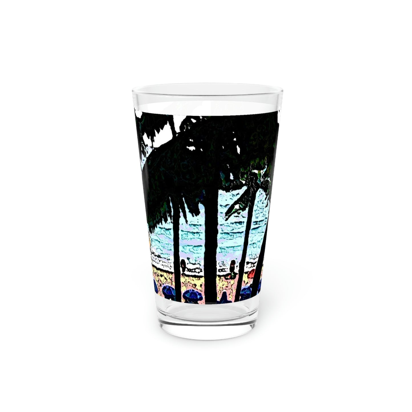 Pint Glass, 16oz ... "A Beautiful Beach Amongst The Palms" ... The Outrigger Waikiki, Honolulu, Oahu ... Original Works ...