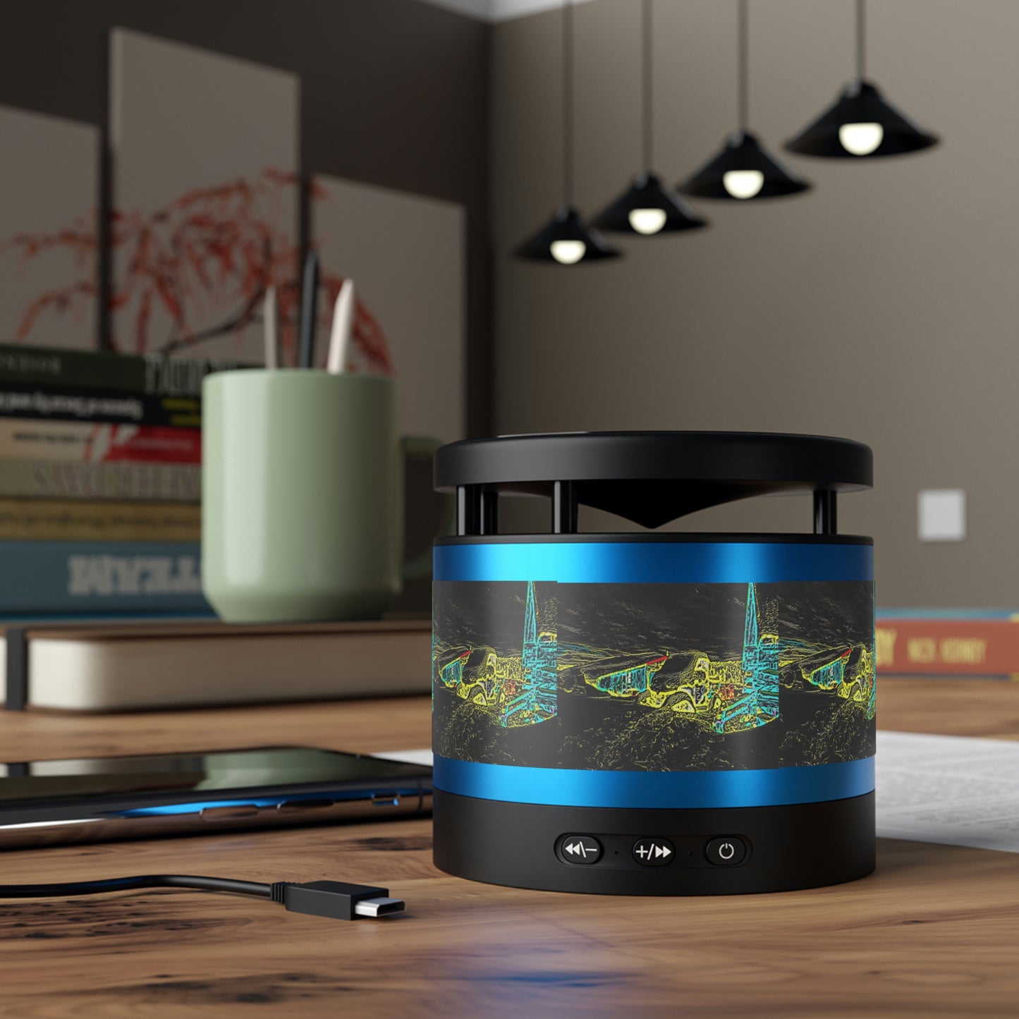 Metal Bluetooth Speaker and Wireless Charging Pad ... "Snow Vehicle In Snow Storm At-Rest" ... Circa 12Mar23 ... Central Idaho ... 18-Hours Rendering Time: Original Works ...