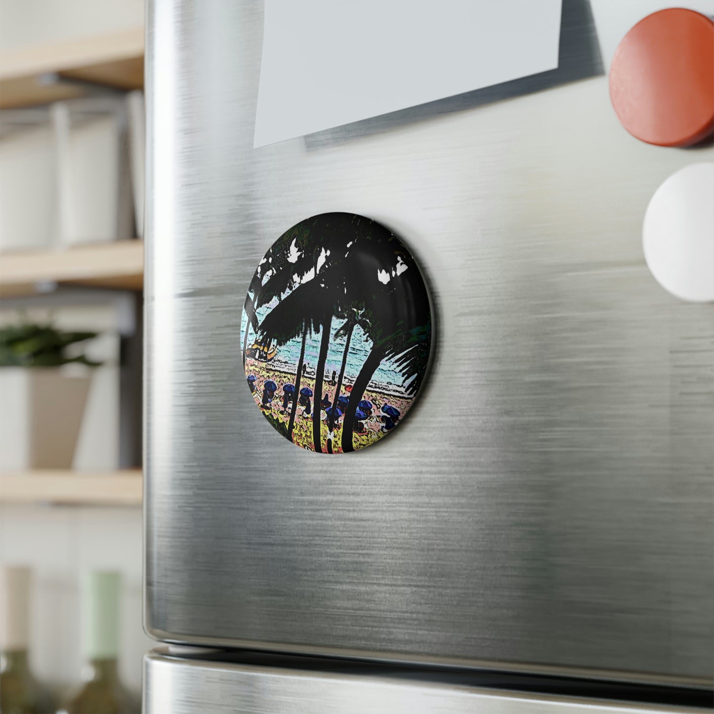 Button Magnet, Round (1 & 10 pcs) ... "A Beautiful Beach Amongst The Palms" ... The Outrigger Waikiki, Honolulu, Oahu ... Original Works ...