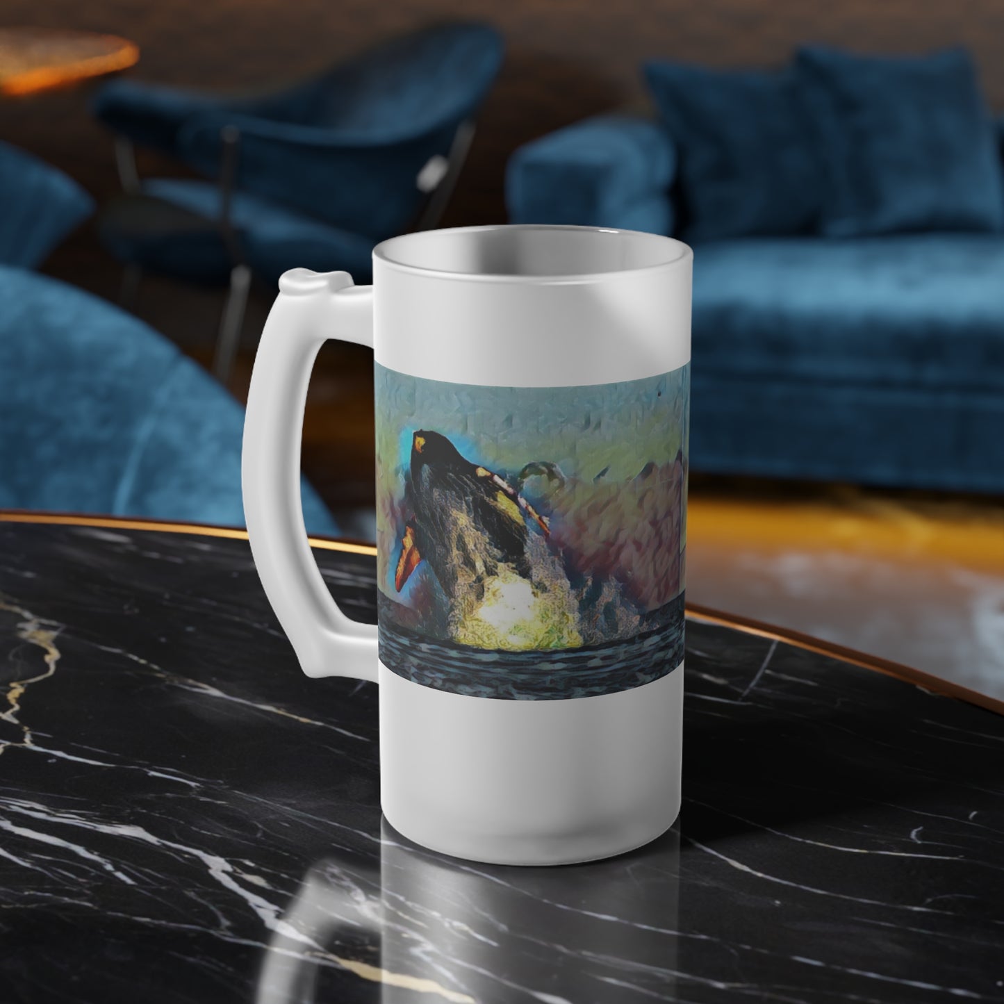 Frosted Glass Beer Mug ... An Extraordinary Humpback Breach ... 'With Explosive Energy' ... Family Archives (KPH) ... Circa: 21st Century. Maui, HI ... Original Works ...