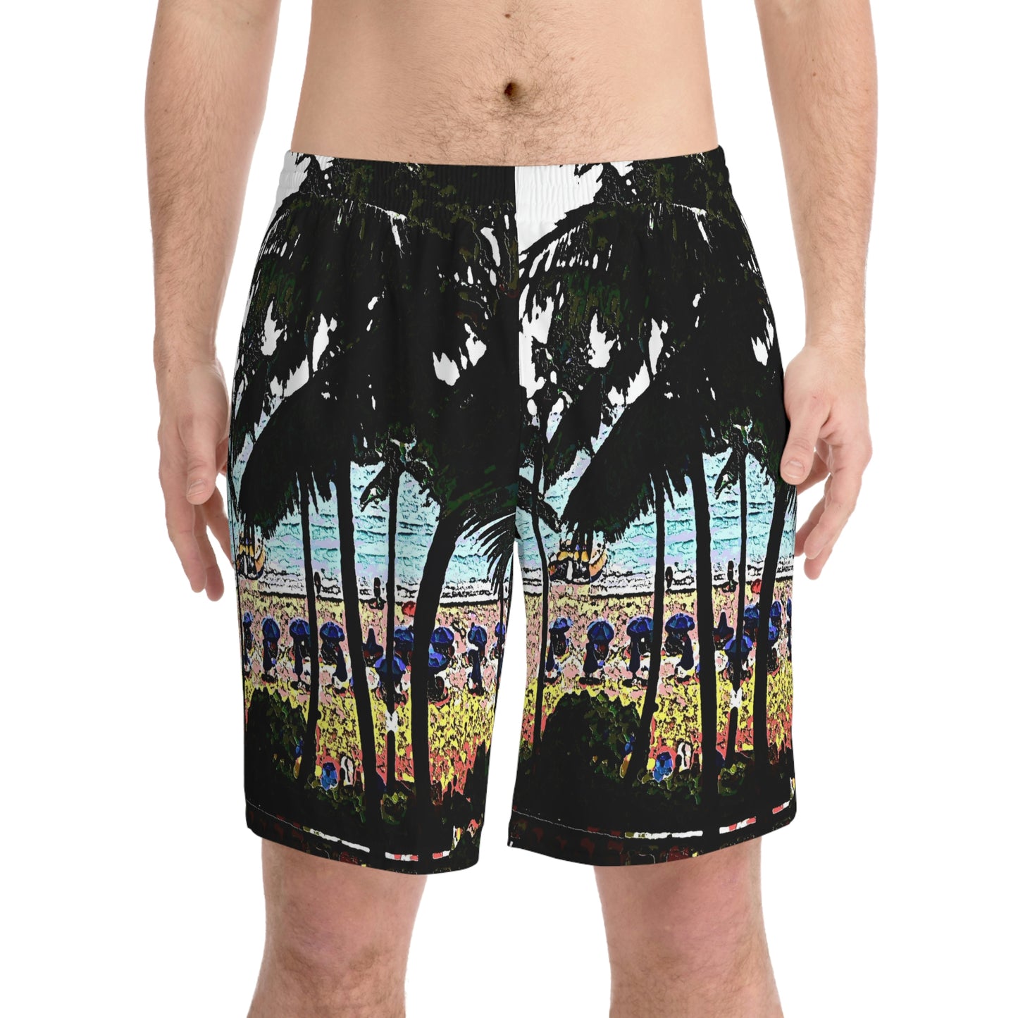 Men's Elastic Beach Shorts (AOP) ...  "A Beautiful Beach Amongst The Palms" ... The Outrigger Waikiki, Honolulu, Oahu ... Original Works ...