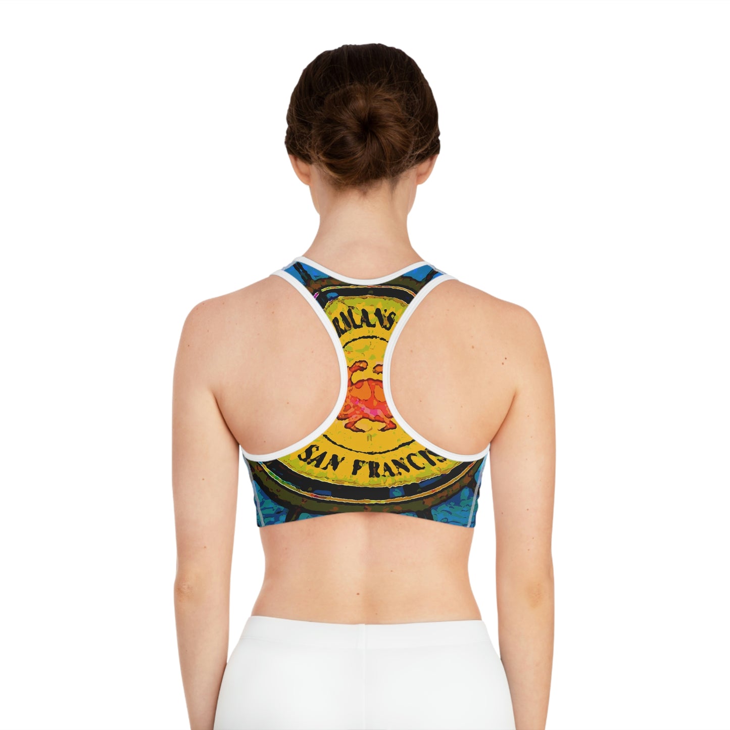 Sports Bra (AOP) ...  "No.9 Fishermen's Grotto - Fishermen's Wharf, SF, California" ... Family Archives: 1970's ... Original Works ...
