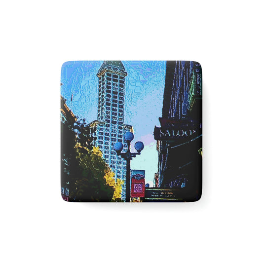 Porcelain Magnet, Square ...  Pioneer Square & Smith Tower ... 'That World Famous View' ... Colleague Supplied Photo ... Original Works ...