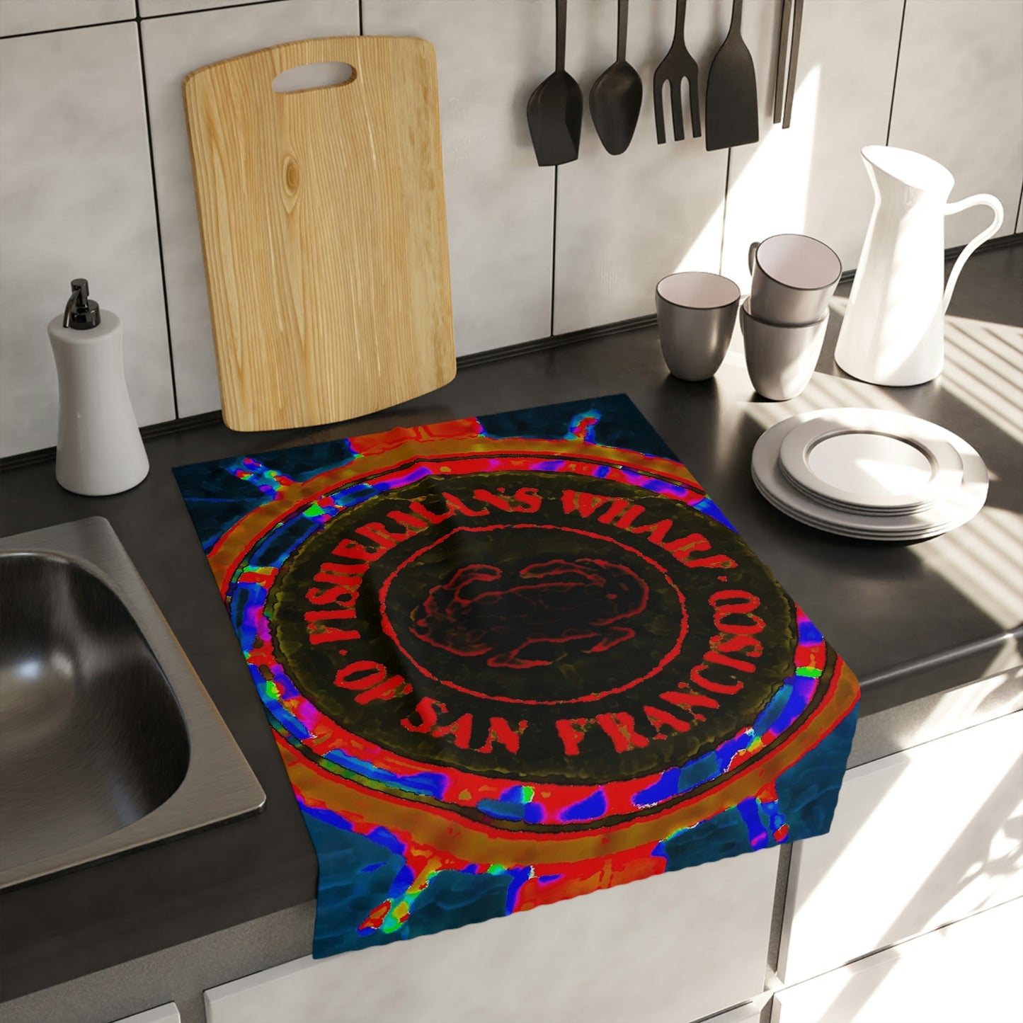 Tea & Kitchen Towel ... "No.9 Fishermen's Grotto - Fishermen's Wharf, SF, California" ... Family Archives: 1970's ... Original Works ...