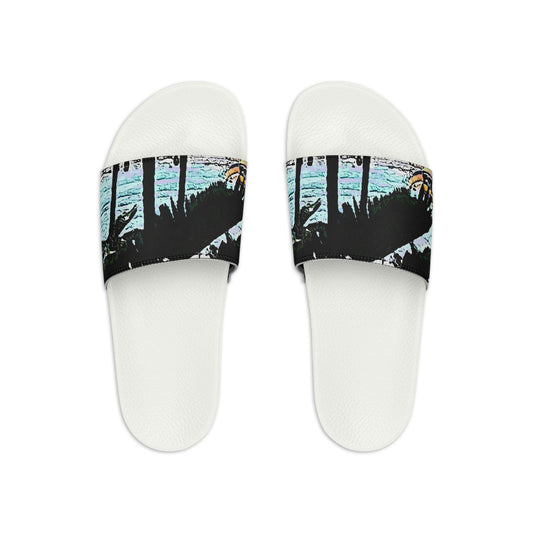 Men's Slide Sandals ...  "A Beautiful Beach Amongst The Palms" ... The Outrigger Waikiki, Honolulu, Oahu ... Original Works ...