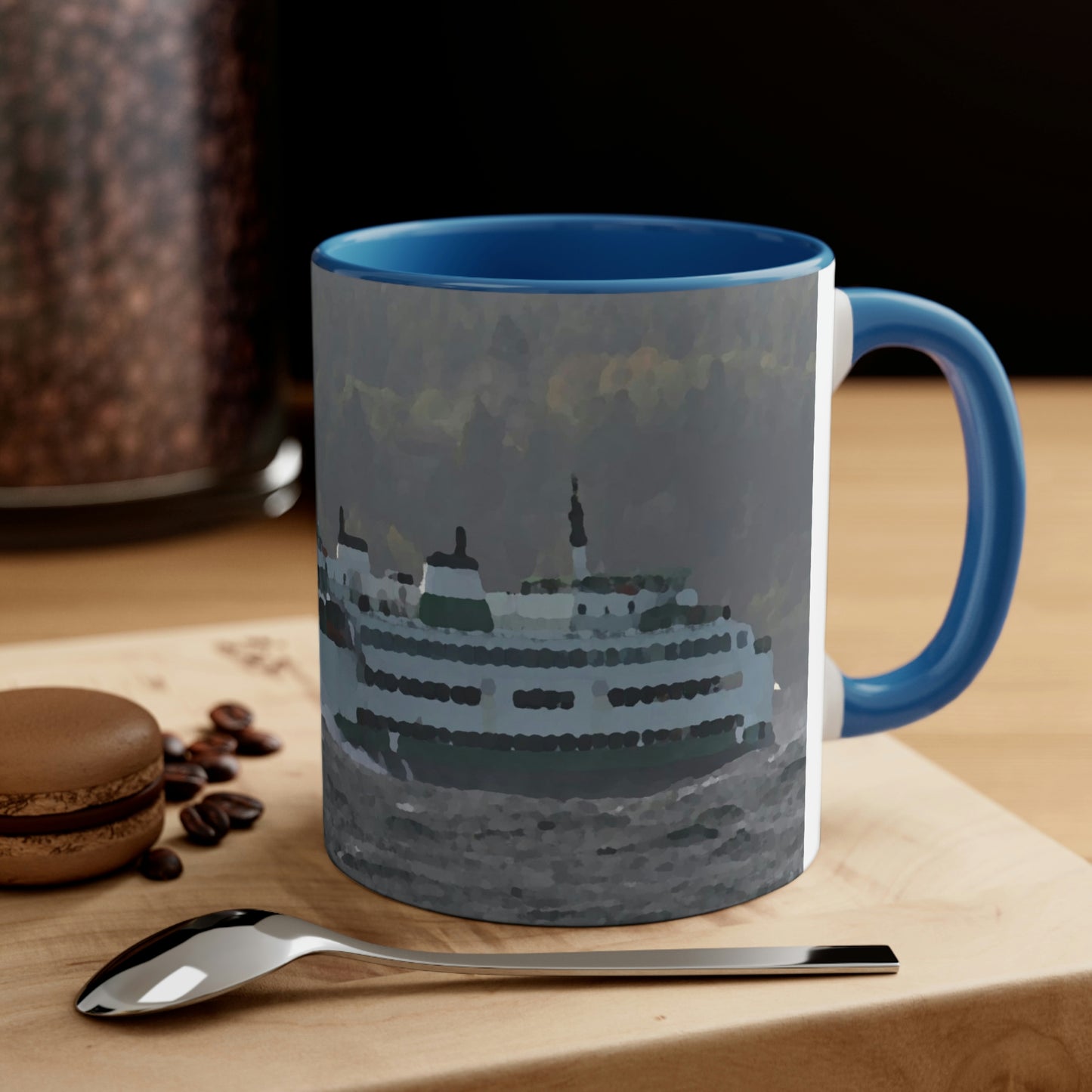 Accent Coffee Mug, 11oz ... WADOT Ferry Crossing ... "A Very Rough Day" ... Mulkiteo Route ... Family Archives ... Early 1990's' ... Original Works ...