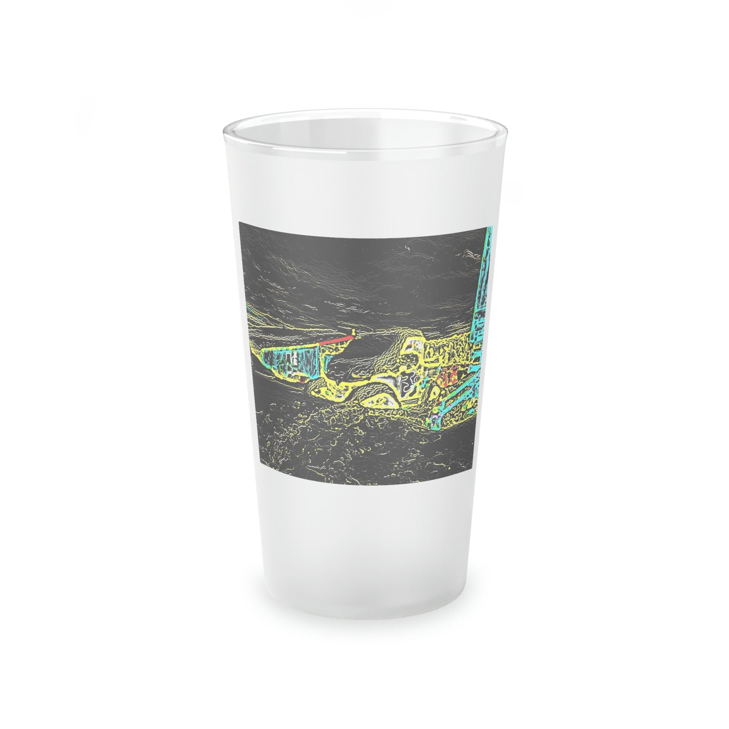 Frosted Pint Glass, 16oz ... "Snow Vehicle In Snow Storm At-Rest" ... Circa 12Mar23 ... Central Idaho ... 18-Hours Rendering Time: Original Works ...