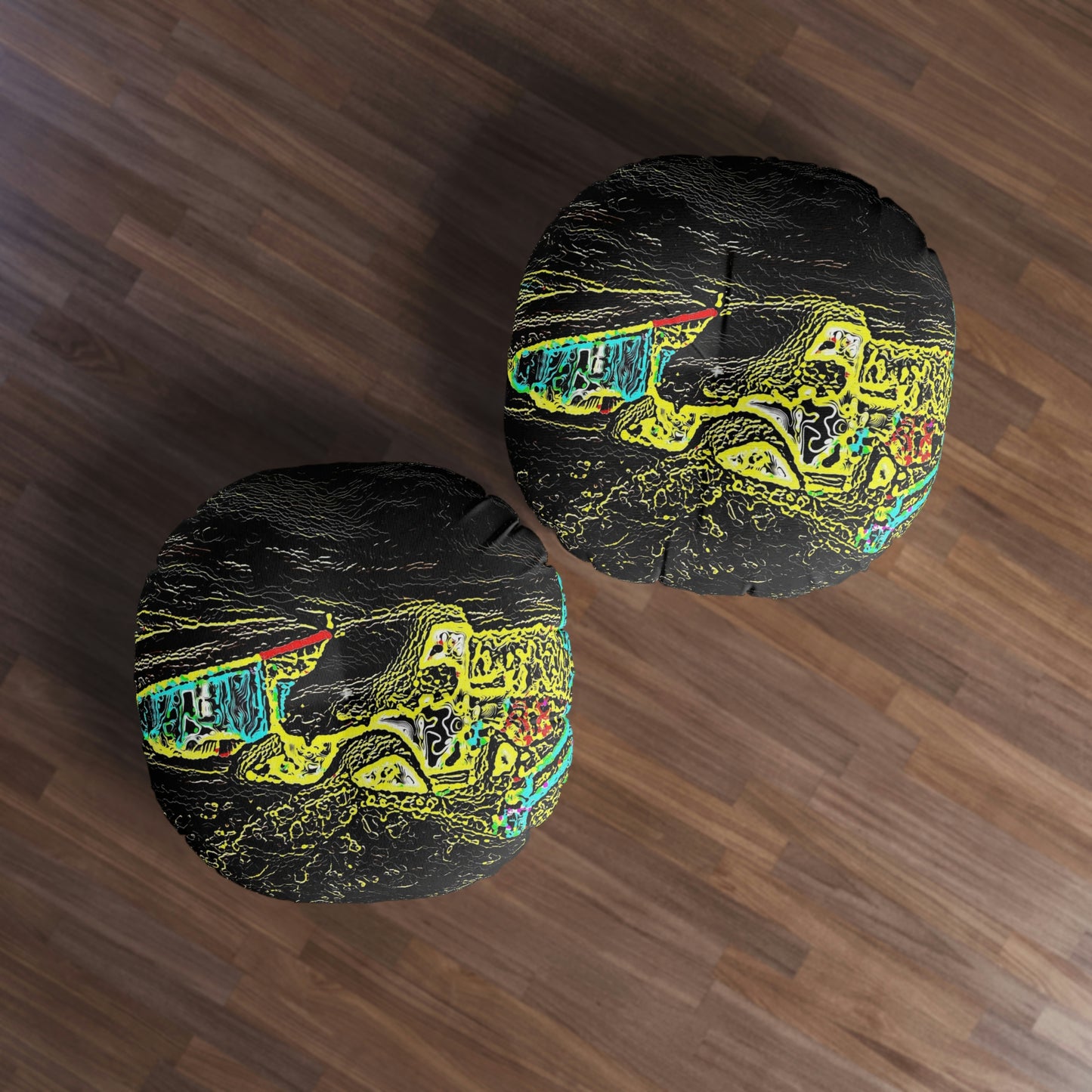 Tufted Floor Pillow, Round ...  "Snow Vehicle In Snow Storm At-Rest" ... Circa 12Mar23 ... Central Idaho ... 18-Hours Rendering Time: Original Works ...