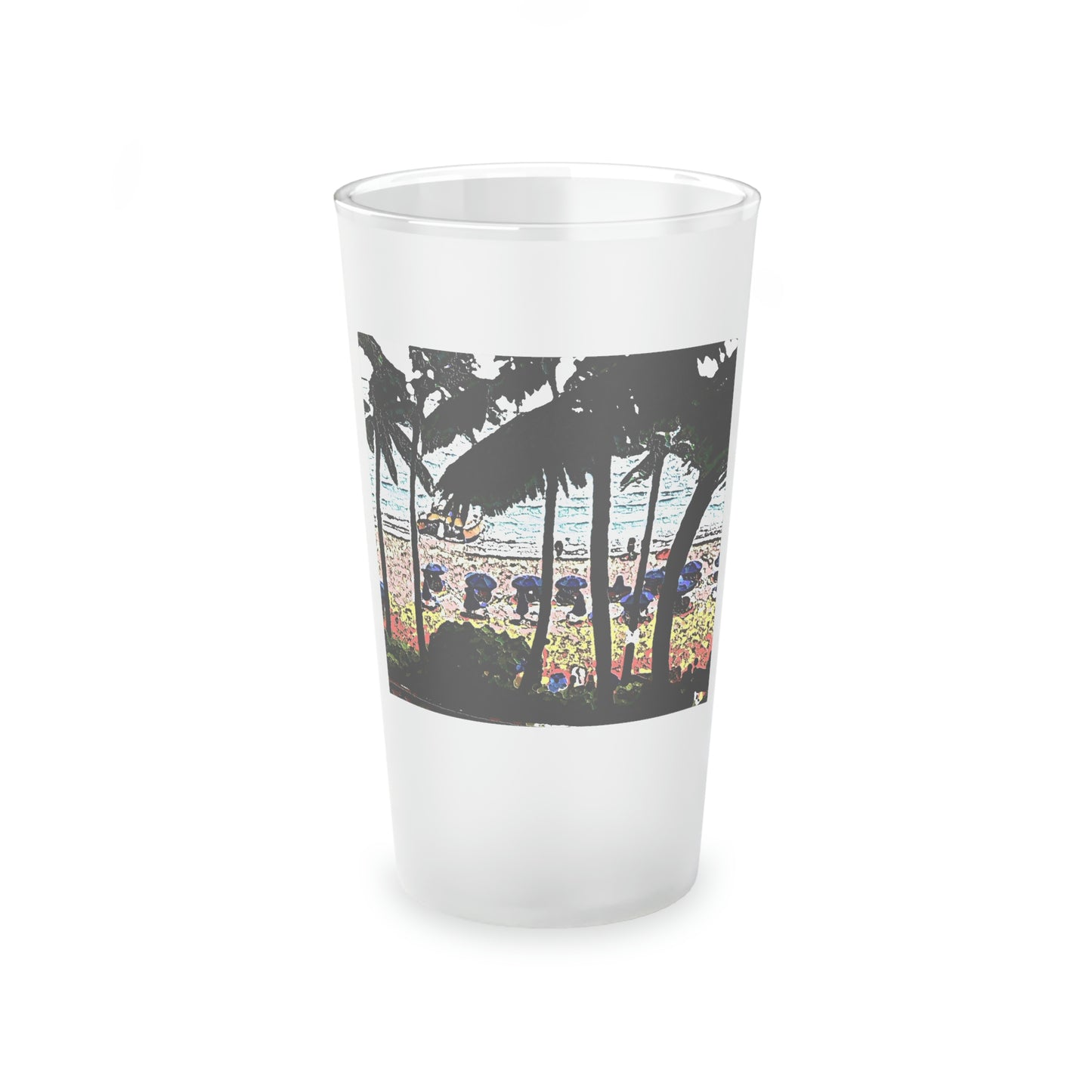 Frosted Pint Glass, 16oz ... "A Beautiful Beach Amongst The Palms" ... The Outrigger Waikiki, Honolulu, Oahu ... Original Works ...