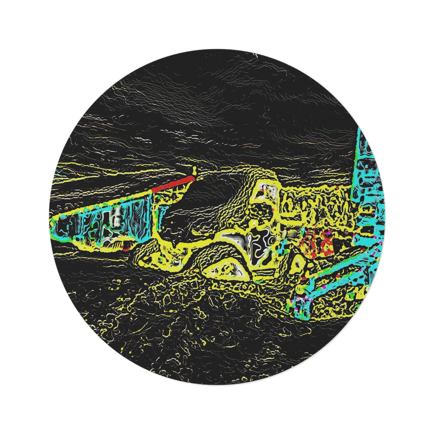 Round Rug ... "Snow Vehicle In Snow Storm At-Rest" ... Circa 12Mar23 ... Central Idaho ... 18-Hours Rendering Time: Original Works ...