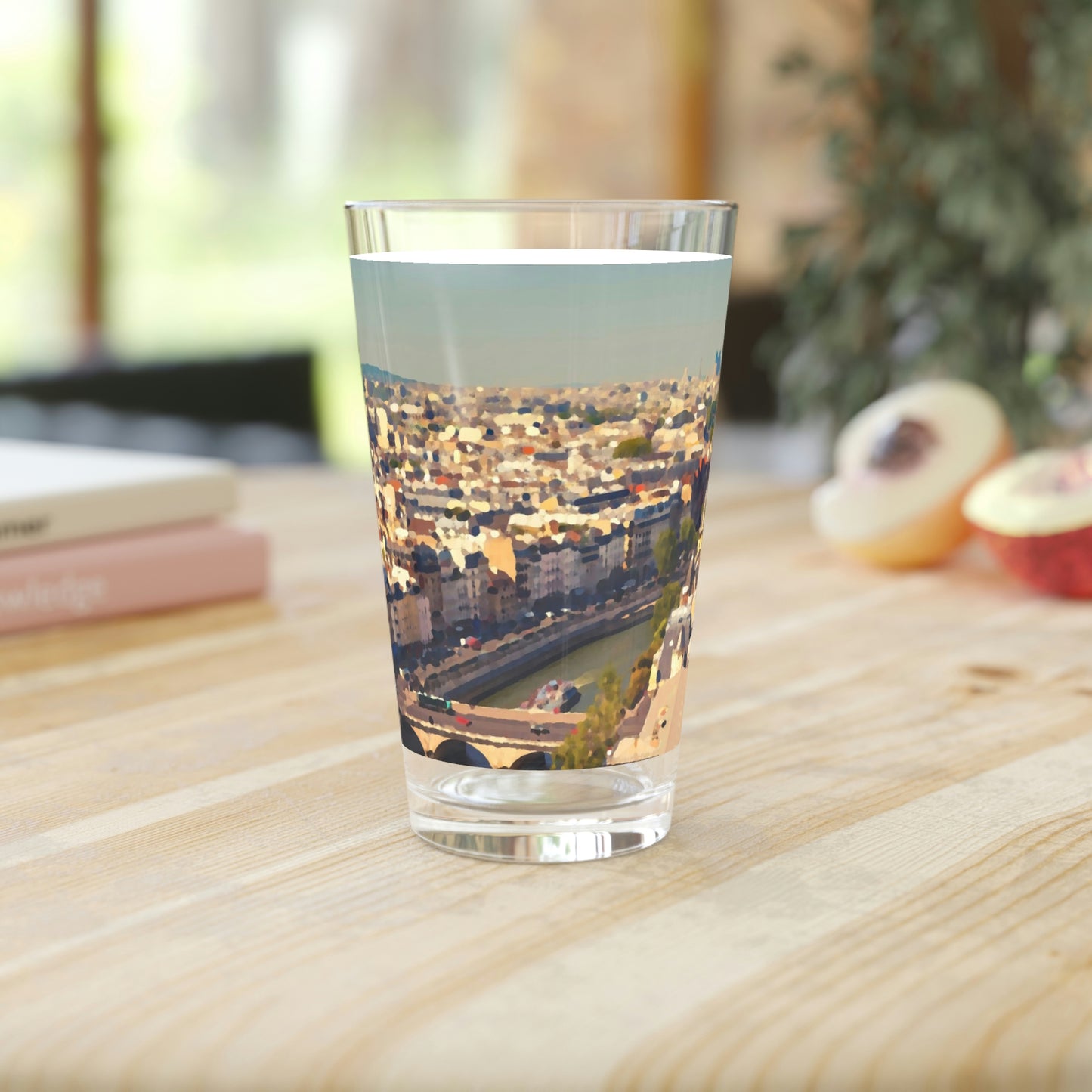 Pint Glass, 16oz ... Au Paris ... "Along The River Seine" ... Barbara Joan Bonnell-Holt: 1972 ... Original Works ...