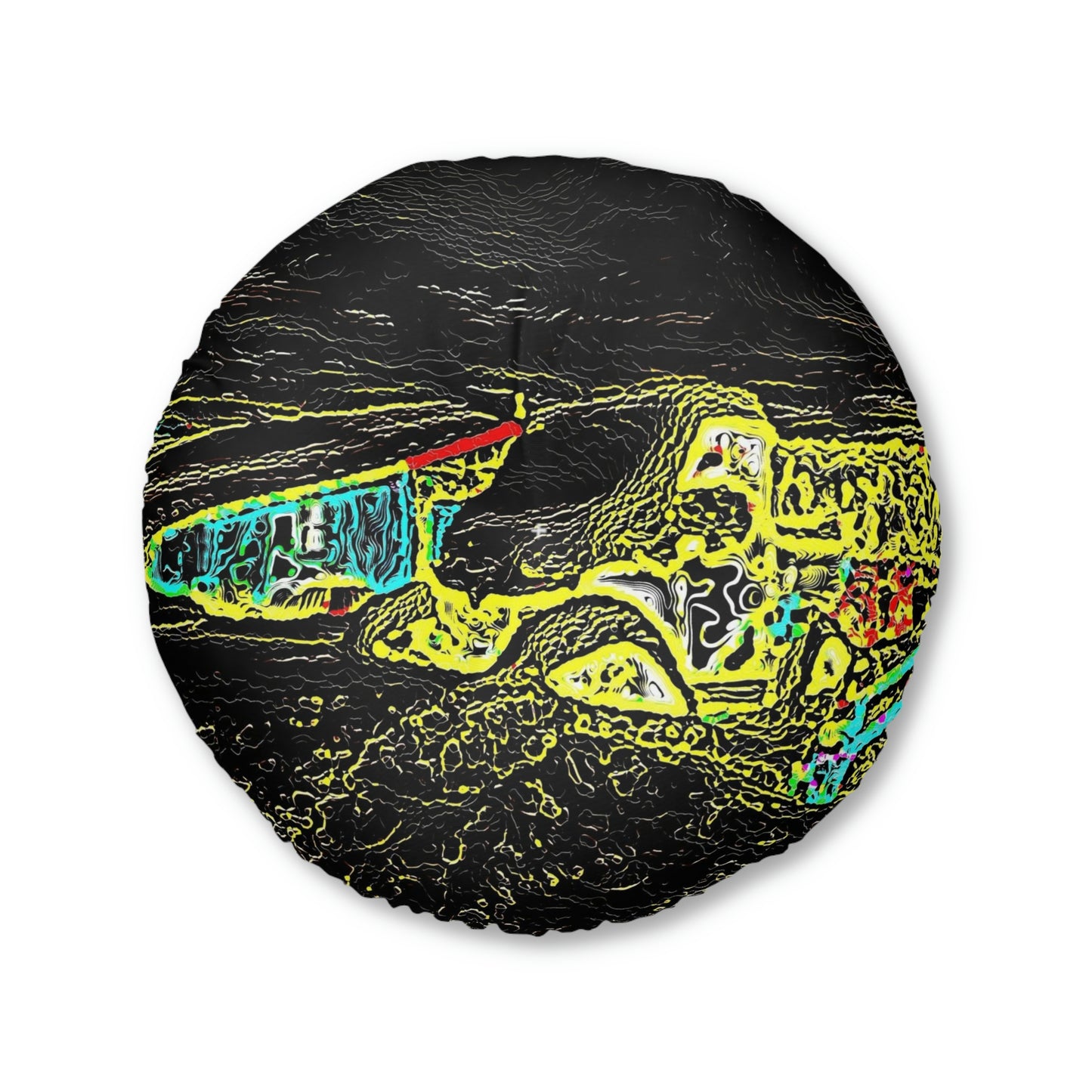 Tufted Floor Pillow, Round ...  "Snow Vehicle In Snow Storm At-Rest" ... Circa 12Mar23 ... Central Idaho ... 18-Hours Rendering Time: Original Works ...