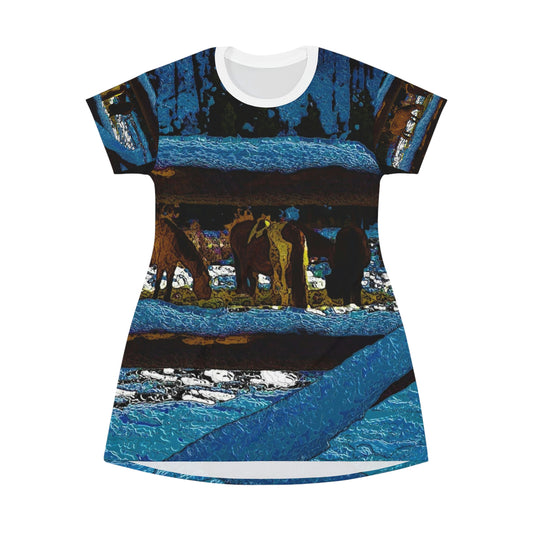 All Over Print T-Shirt Dress ...  A Horse ... A Saddle ...  Foraging Through The Snow ...  An_Asses 'Cry' ... Central Idaho, November 2022 ...  Original Works ..