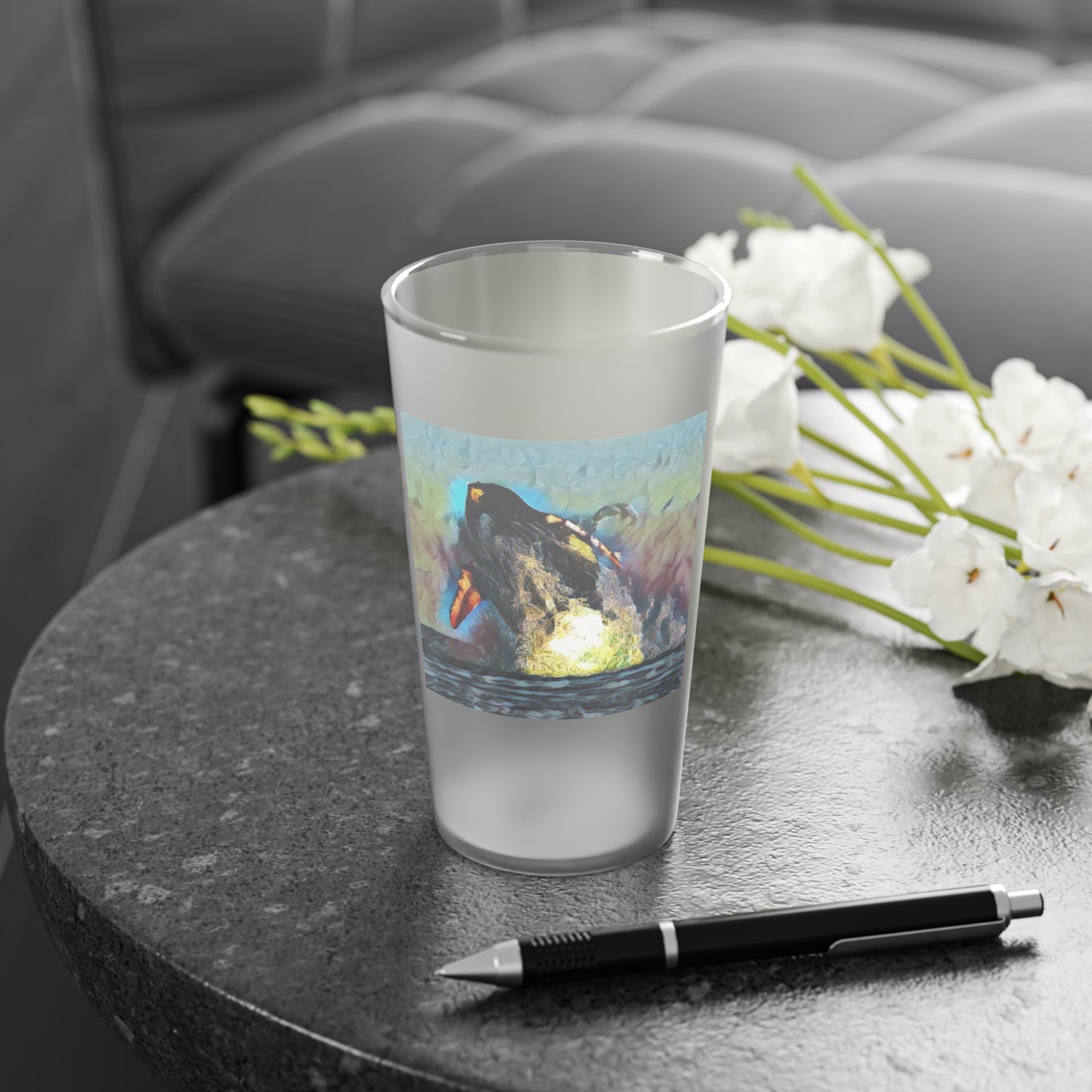 Frosted Pint Glass, 16oz ... An Extraordinary Humpback Breach ... 'With Explosive Energy' ... Family Archives (KPH) ... Circa: 21st Century. Maui, HI ... Original Works ...