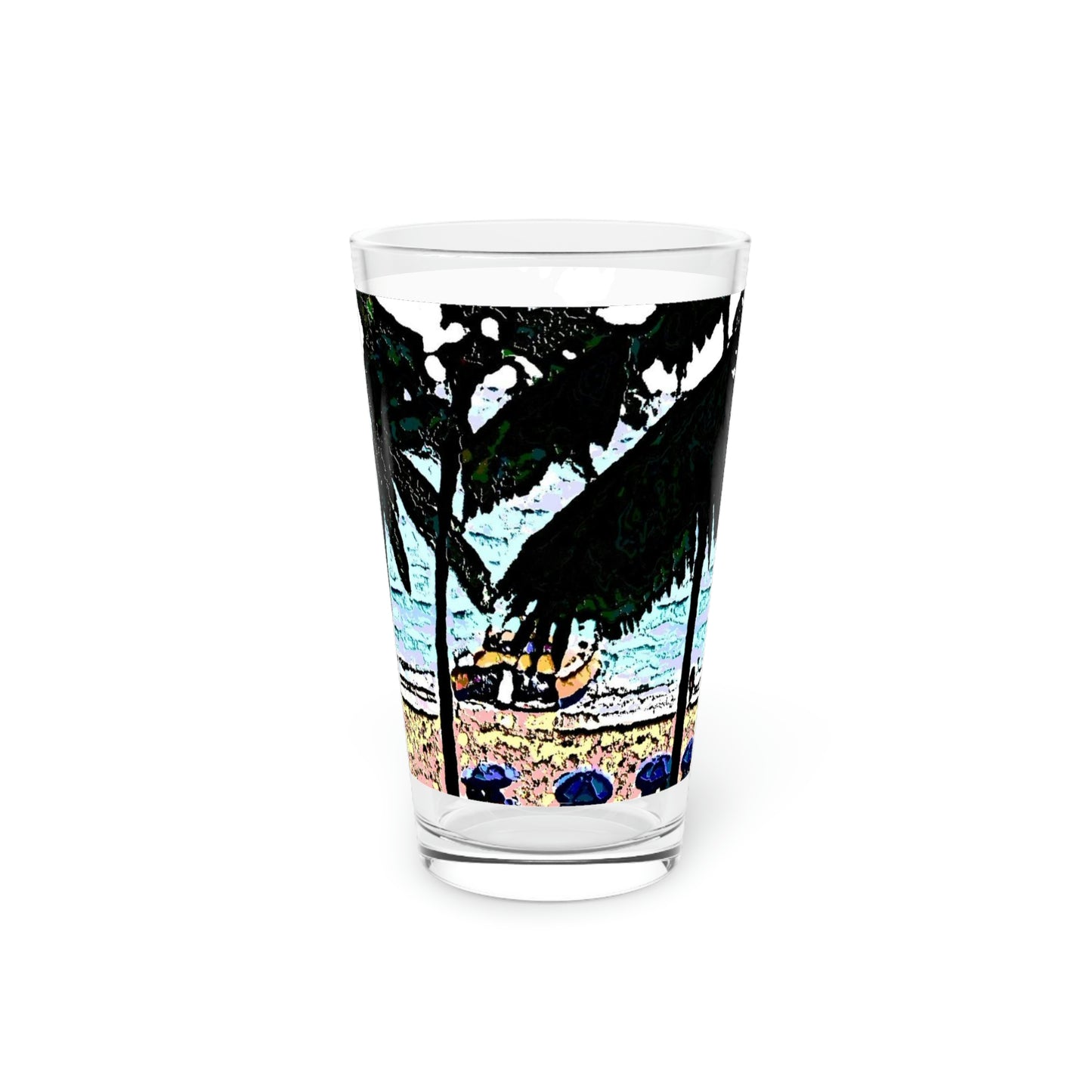 Pint Glass, 16oz ... "A Beautiful Beach Amongst The Palms" ... The Outrigger Waikiki, Honolulu, Oahu ... Original Works ...
