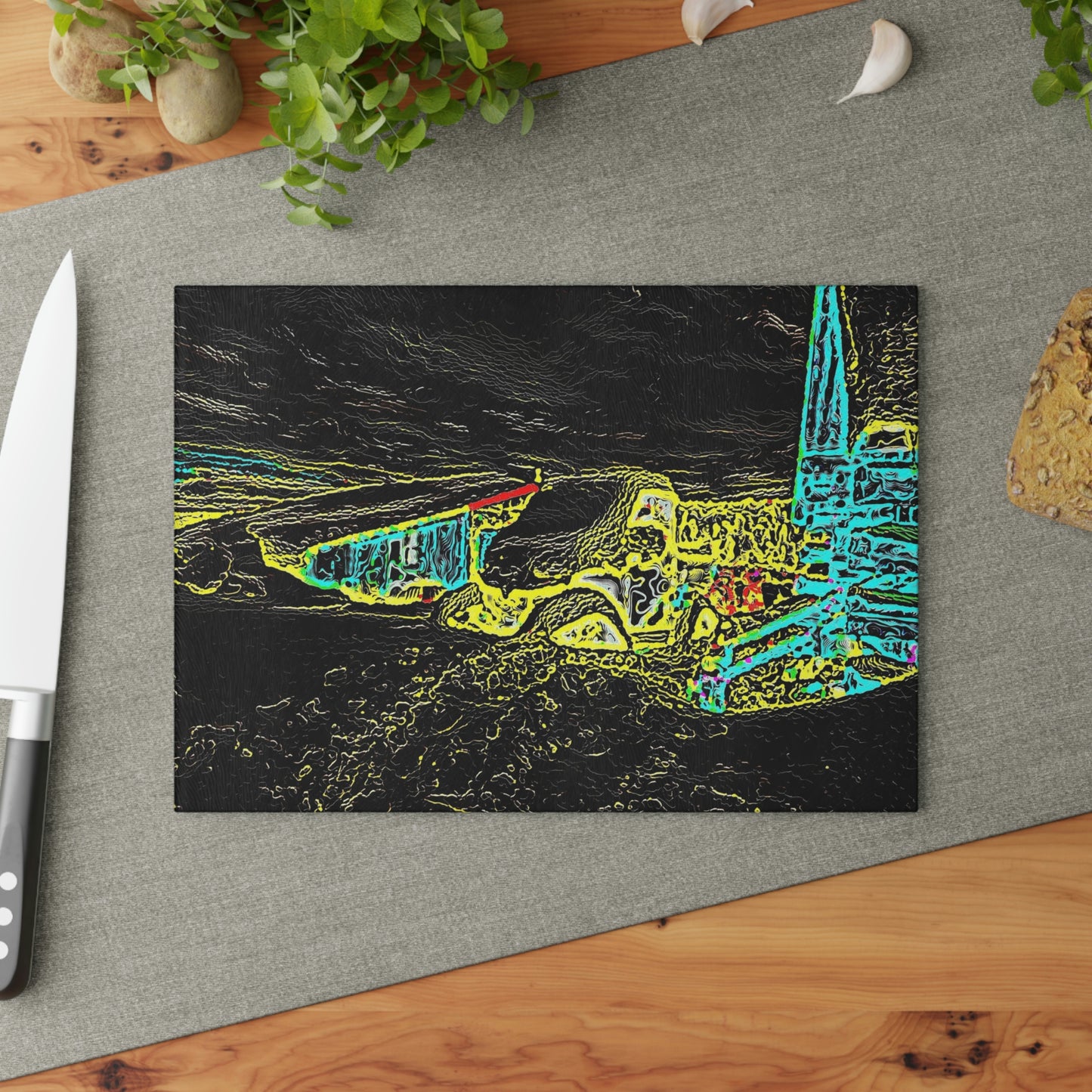 Glass Cutting Board ... "Snow Vehicle In Snow Storm At-Rest" ... Circa 12Mar23 ... Central Idaho ... 18-Hours Rendering Time: Original Works ...