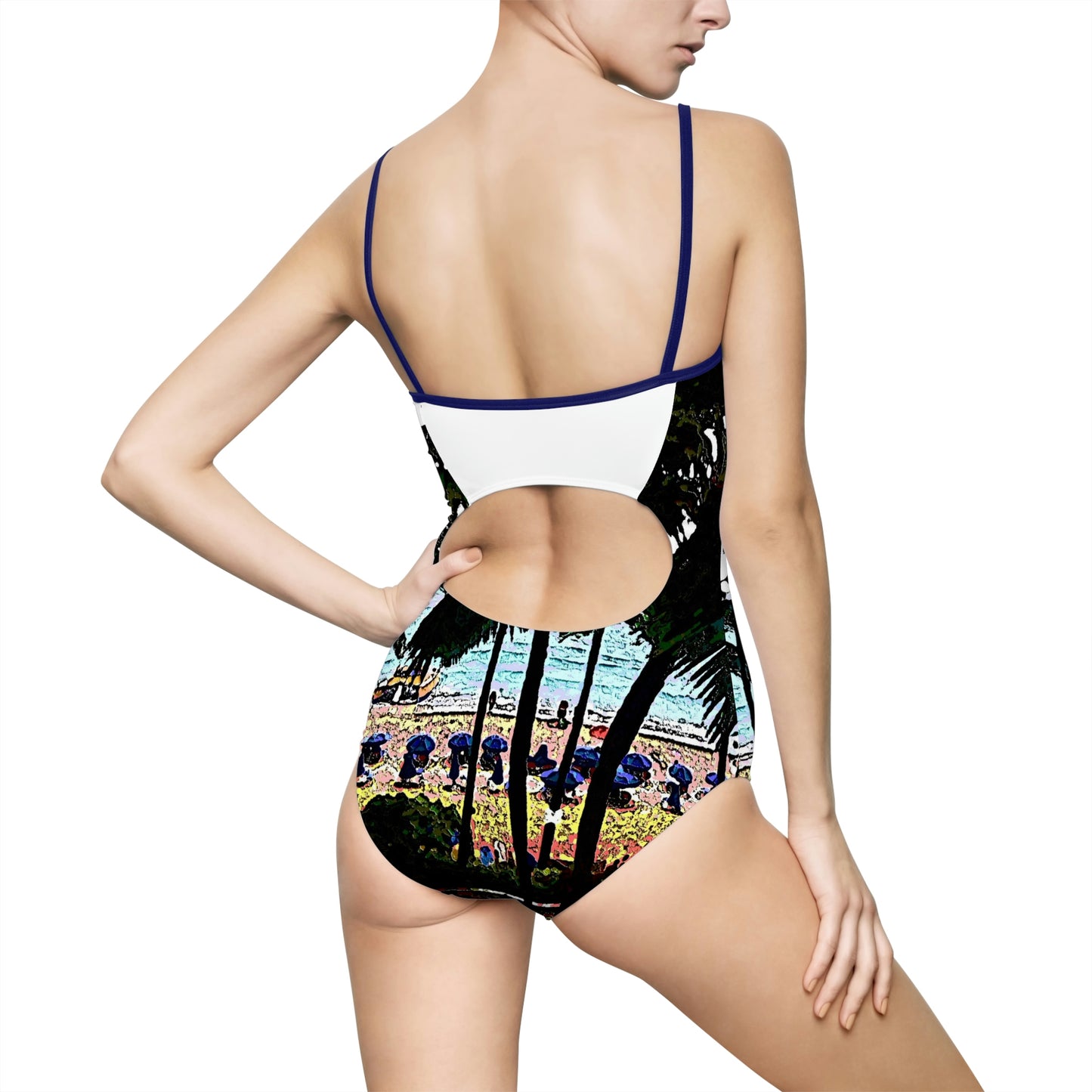 Women's One-piece Swimsuit ...  "A Beautiful Beach Amongst The Palms" ... The Outrigger Waikiki, Honolulu, Oahu ... Original Works ...