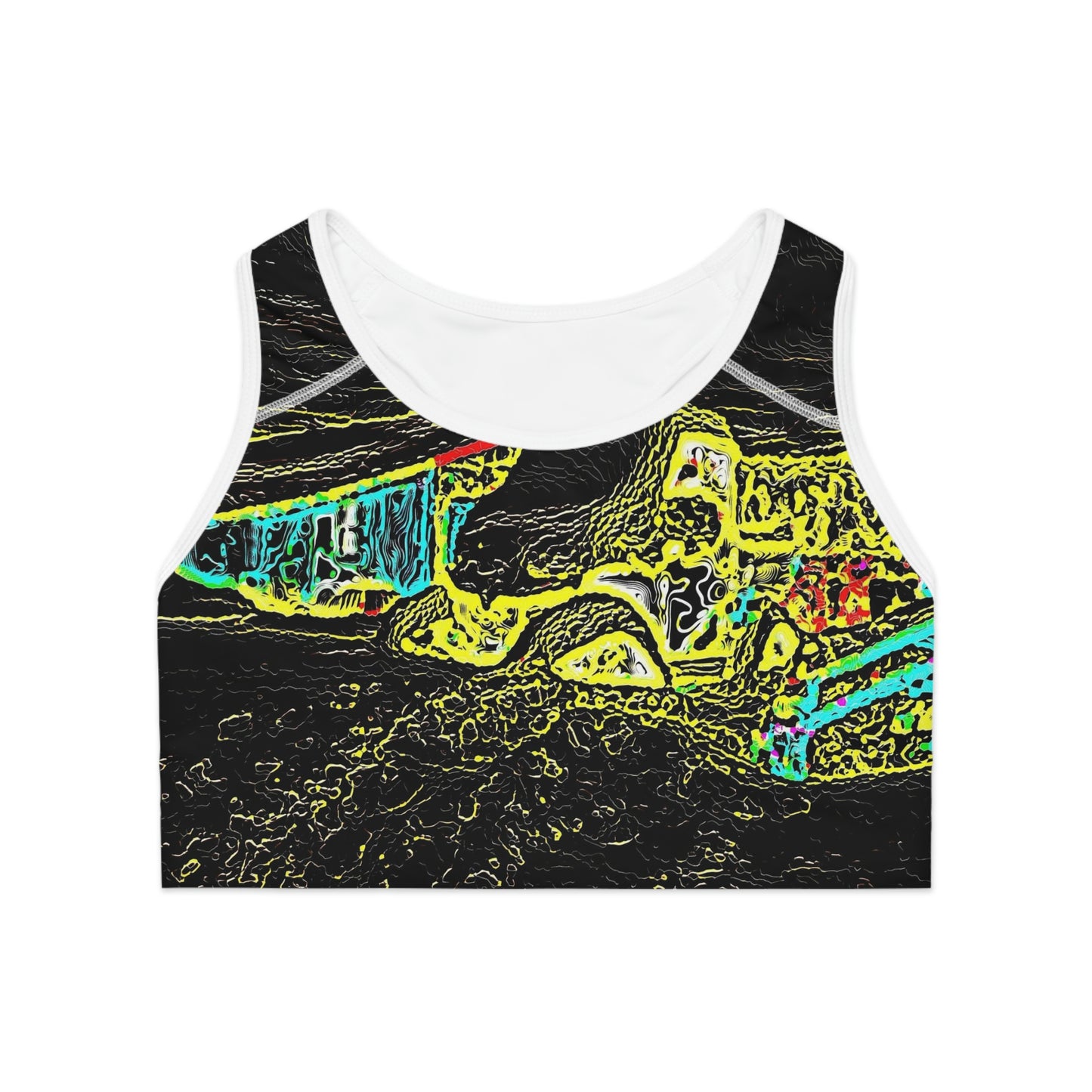 Sports Bra (AOP) ... "Snow Vehicle In Snow Storm At-Rest" ... Circa 12Mar23 ... Central Idaho ... 18-Hours Rendering Time: Original Works ...