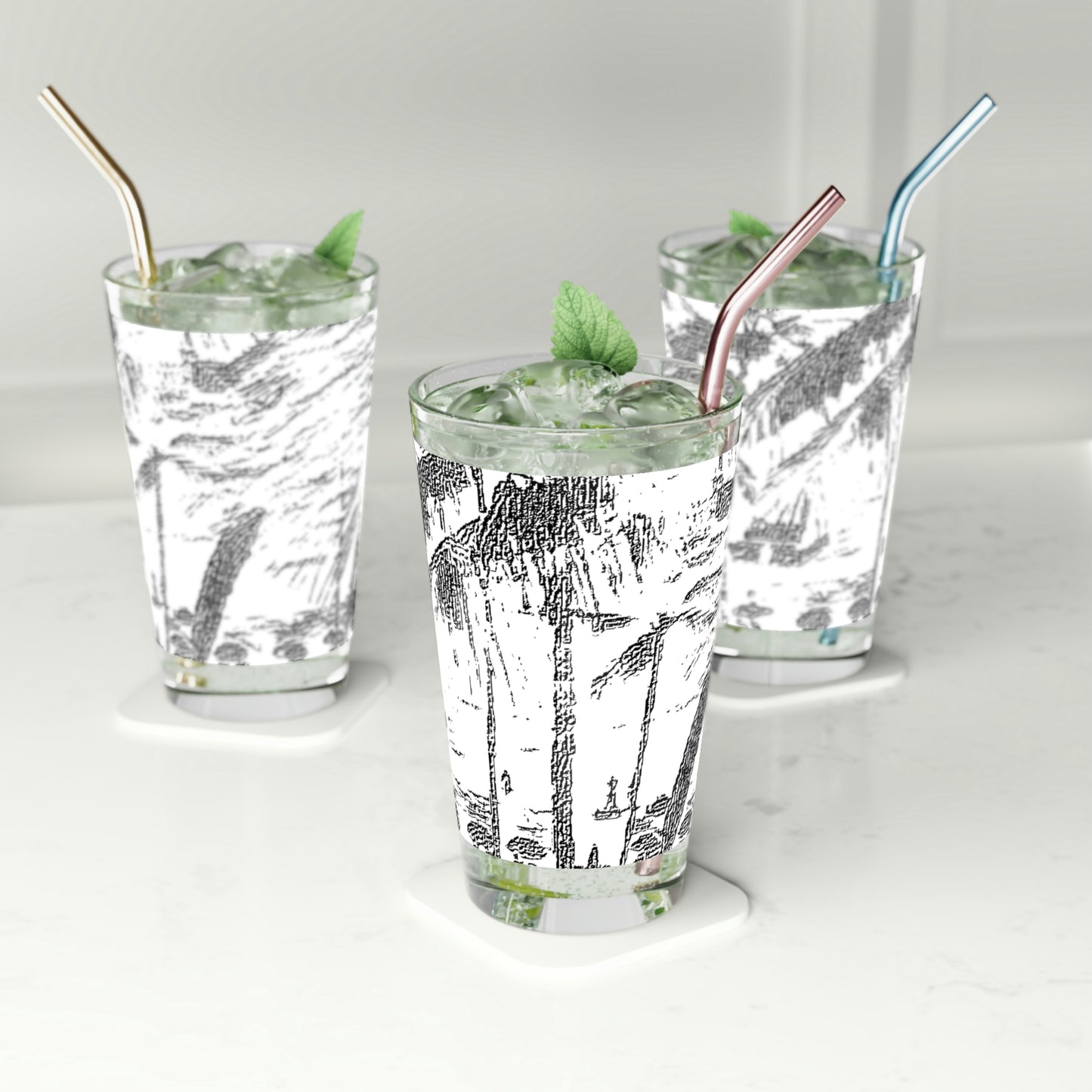 Pint Glass, 16oz ... "The Royal Hawai'ian: Waikiki Beach_Beach" ... Honolulu, HI ... Ocotber 2014 (Halloween) ... Original Works ...