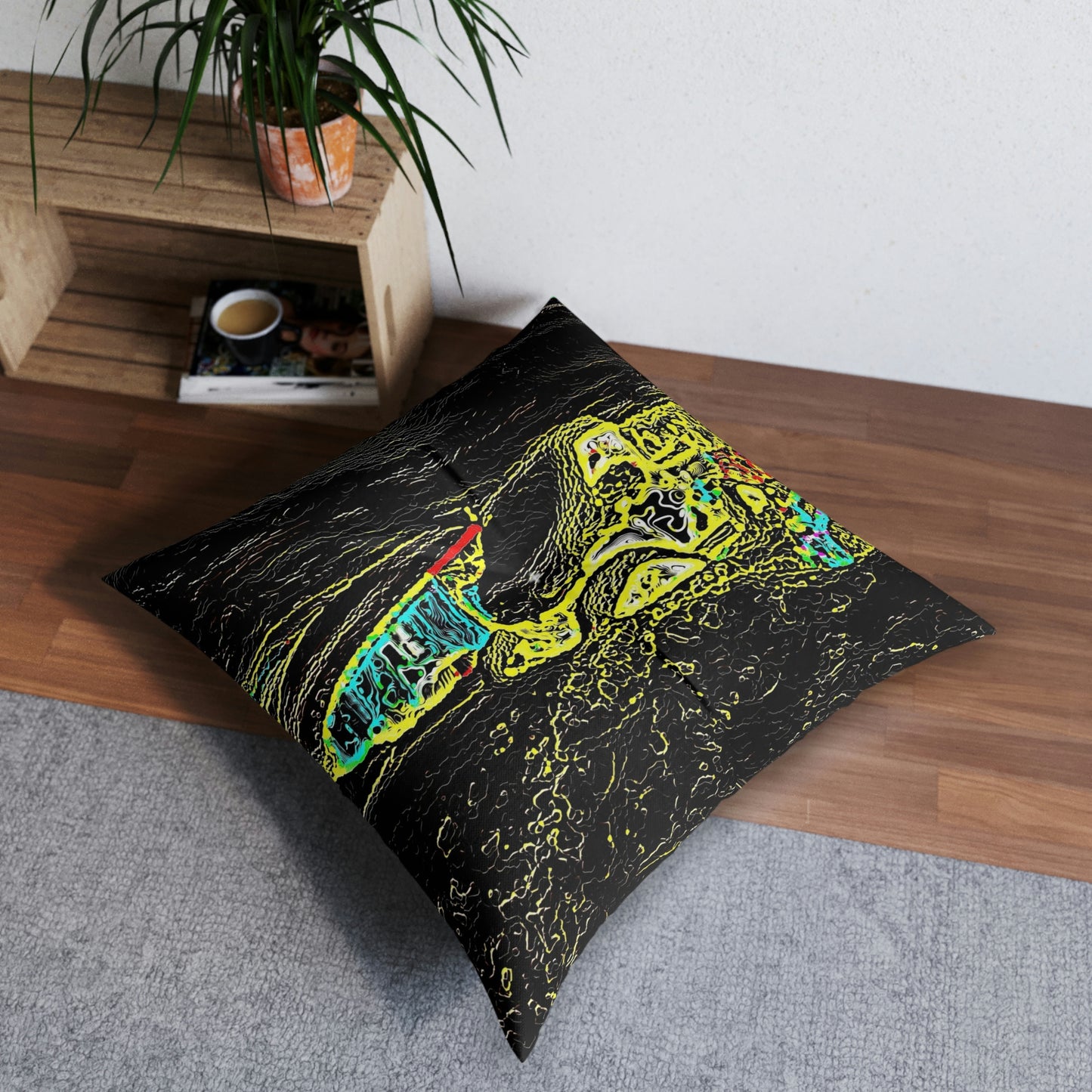 Tufted Floor Pillow, Square ...  "Snow Vehicle In Snow Storm At-Rest" ... Circa 12Mar23 ... Central Idaho ... 18-Hours Rendering Time: Original Works ...