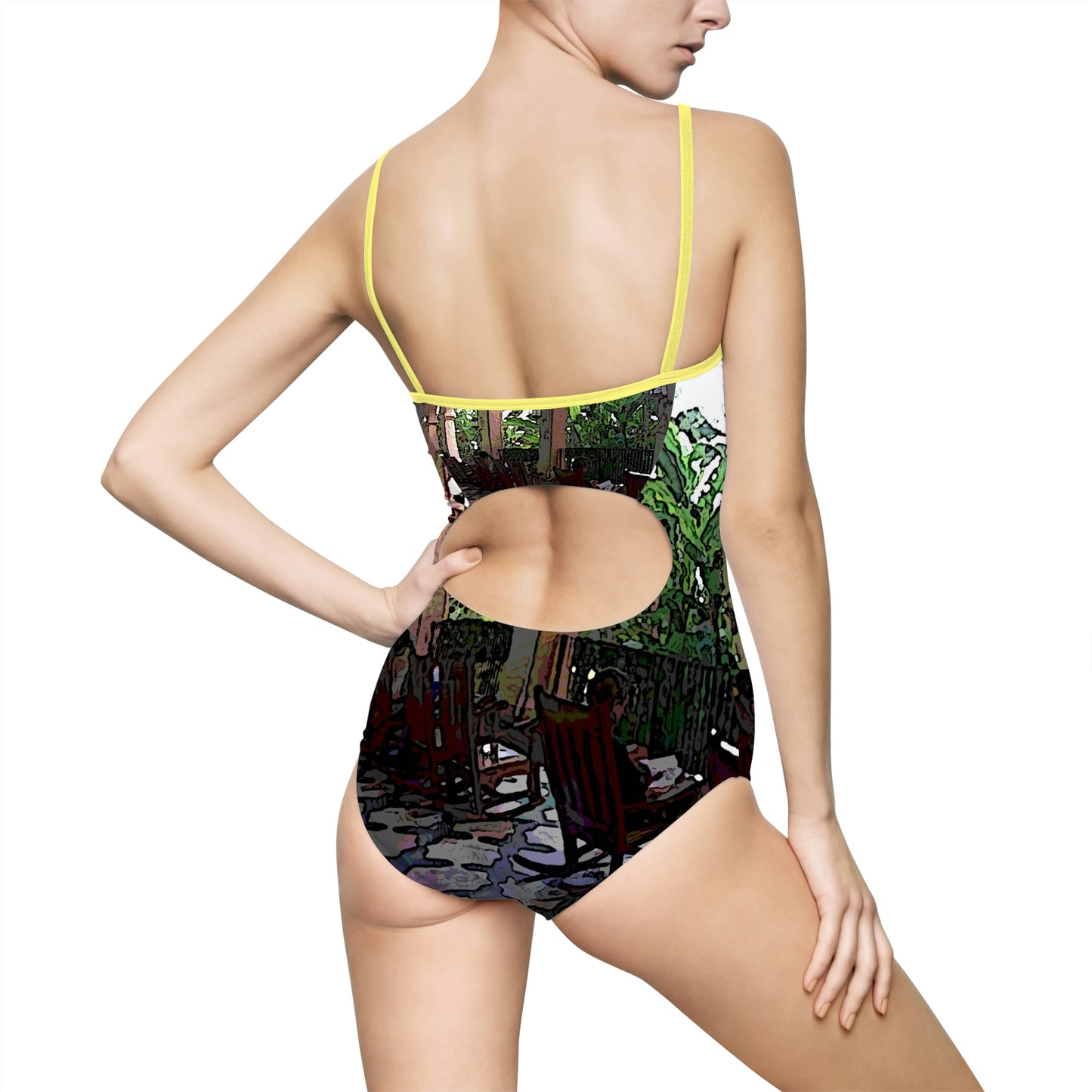 Women's One-piece Swimsuit ... Lanai & Rocking Chairs At: 'The Pink Palace' ... The Royal Hawai'ian ... Honolulu, HI ... '27Oct2014' ... Original Works ...