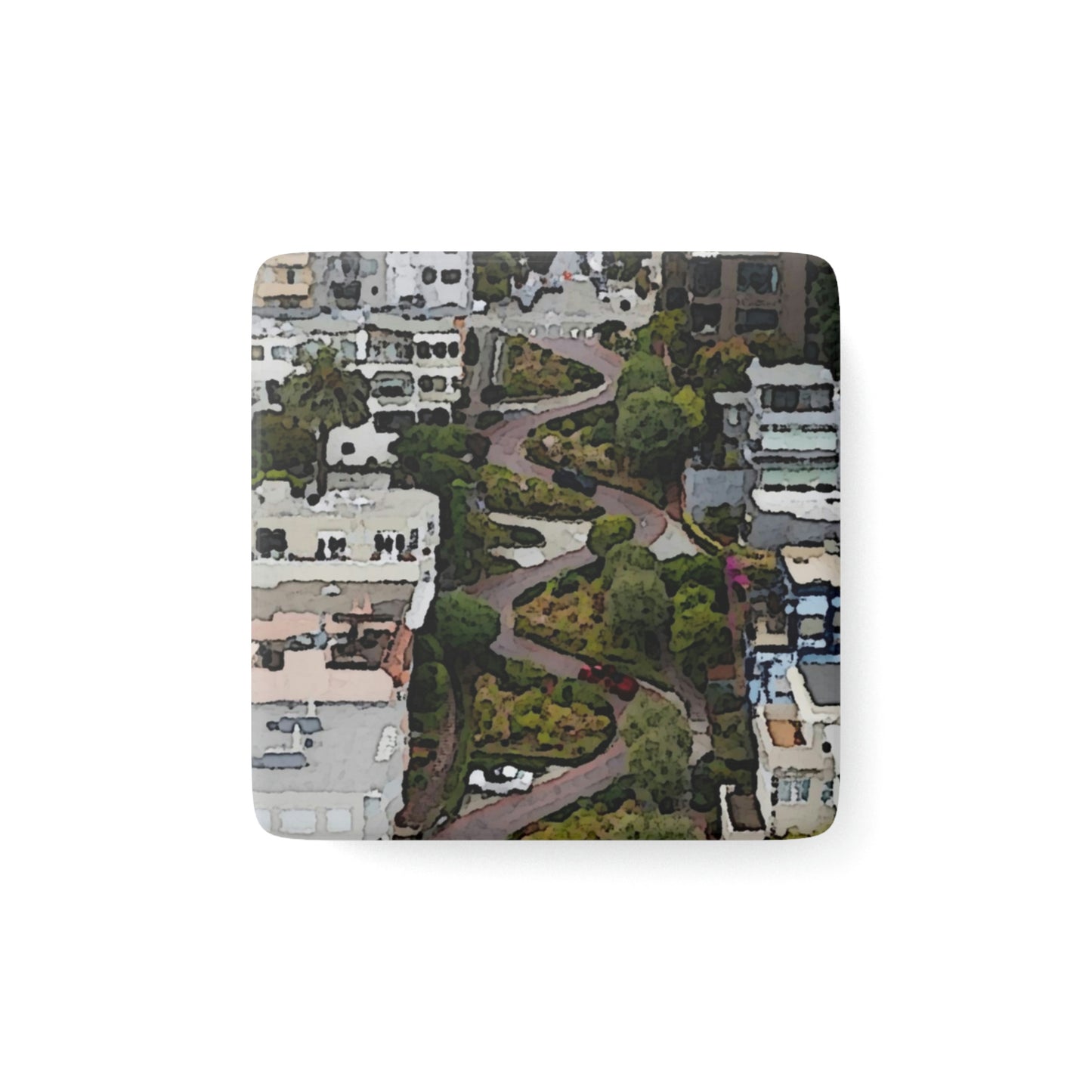 Porcelain Magnet, Square ... A Crazy Street ... 'Eight Winding Curve-Switchbacks' ... "Lombard Street, San Francisco, CA' ... Family Archives: 1970's ... Original Works ...