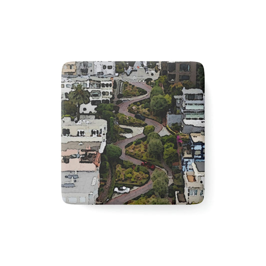 Porcelain Magnet, Square ... A Crazy Street ... 'Eight Winding Curve-Switchbacks' ... "Lombard Street, San Francisco, CA' ... Family Archives: 1970's ... Original Works ...