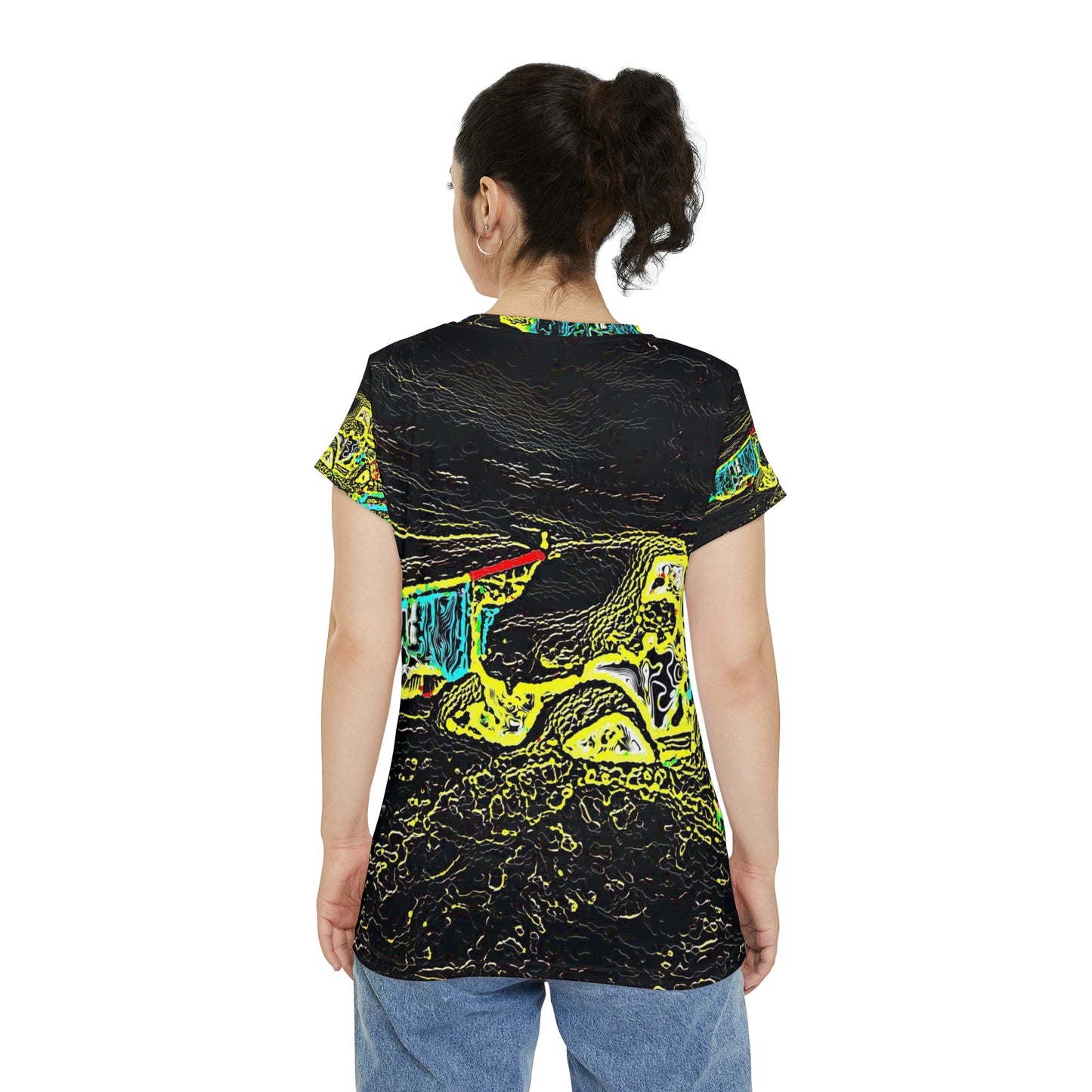 Women's Short Sleeve Shirt (AOP) ... "Snow Vehicle In Snow Storm At-Rest" ... Circa 12Mar23 ... Central Idaho ... 18-Hours Rendering Time: Original Works ...