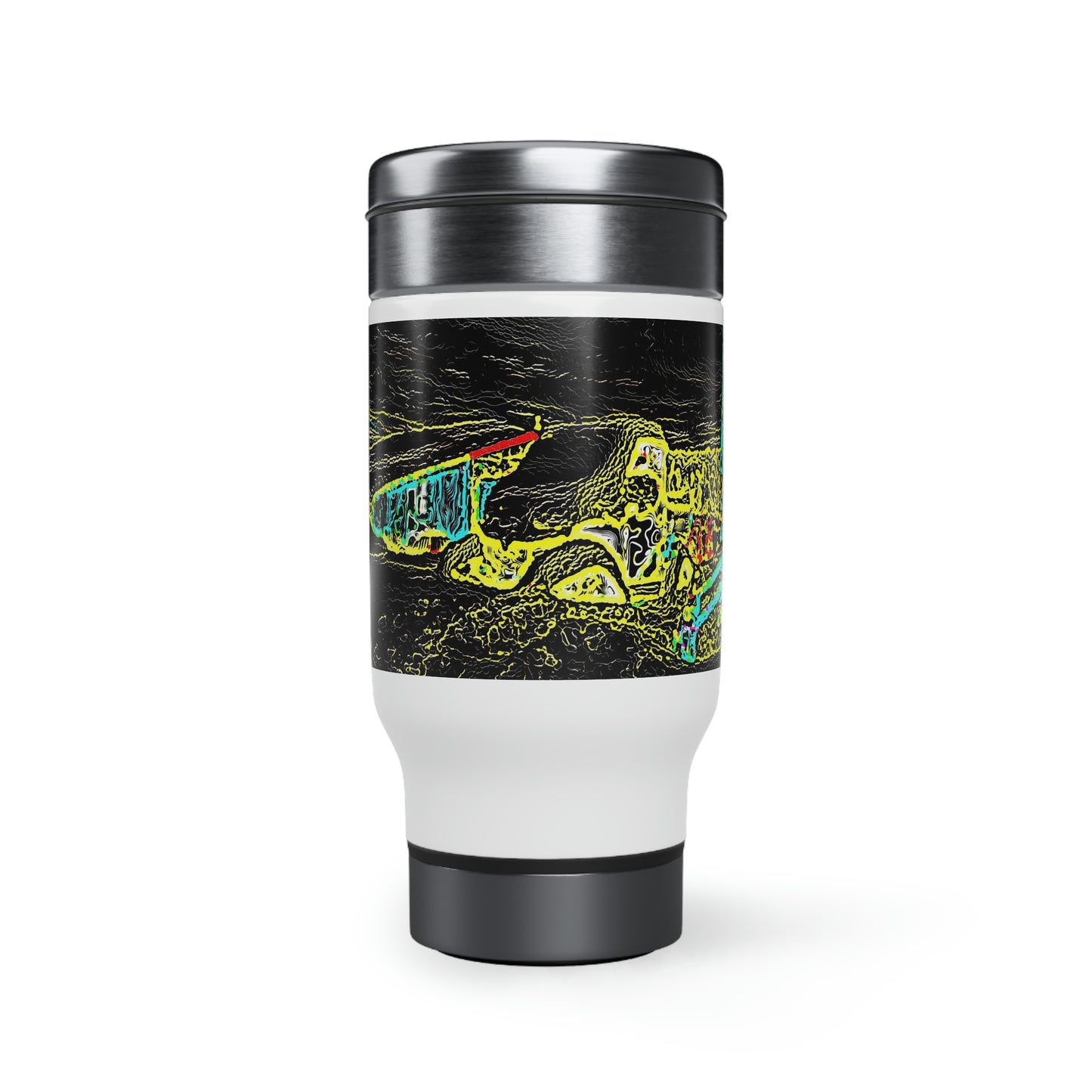 Stainless Steel Travel Mug with Handle, 14oz ... "Snow Vehicle In Snow Storm At-Rest" ... Circa 12Mar23 ... Central Idaho ... 18-Hours Rendering Time: Original Works ...