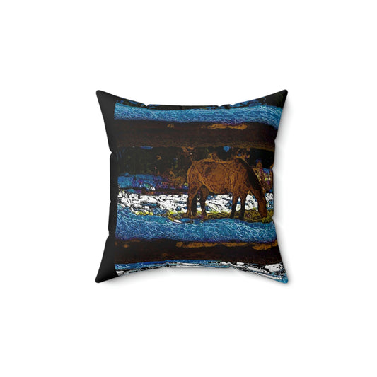 Spun Polyester Square Pillow ...  A Horse ... A Saddle ...  Foraging Through The Snow ...  An_Asses 'Cry' ... Central Idaho, November 2022 ...  Original Works ..