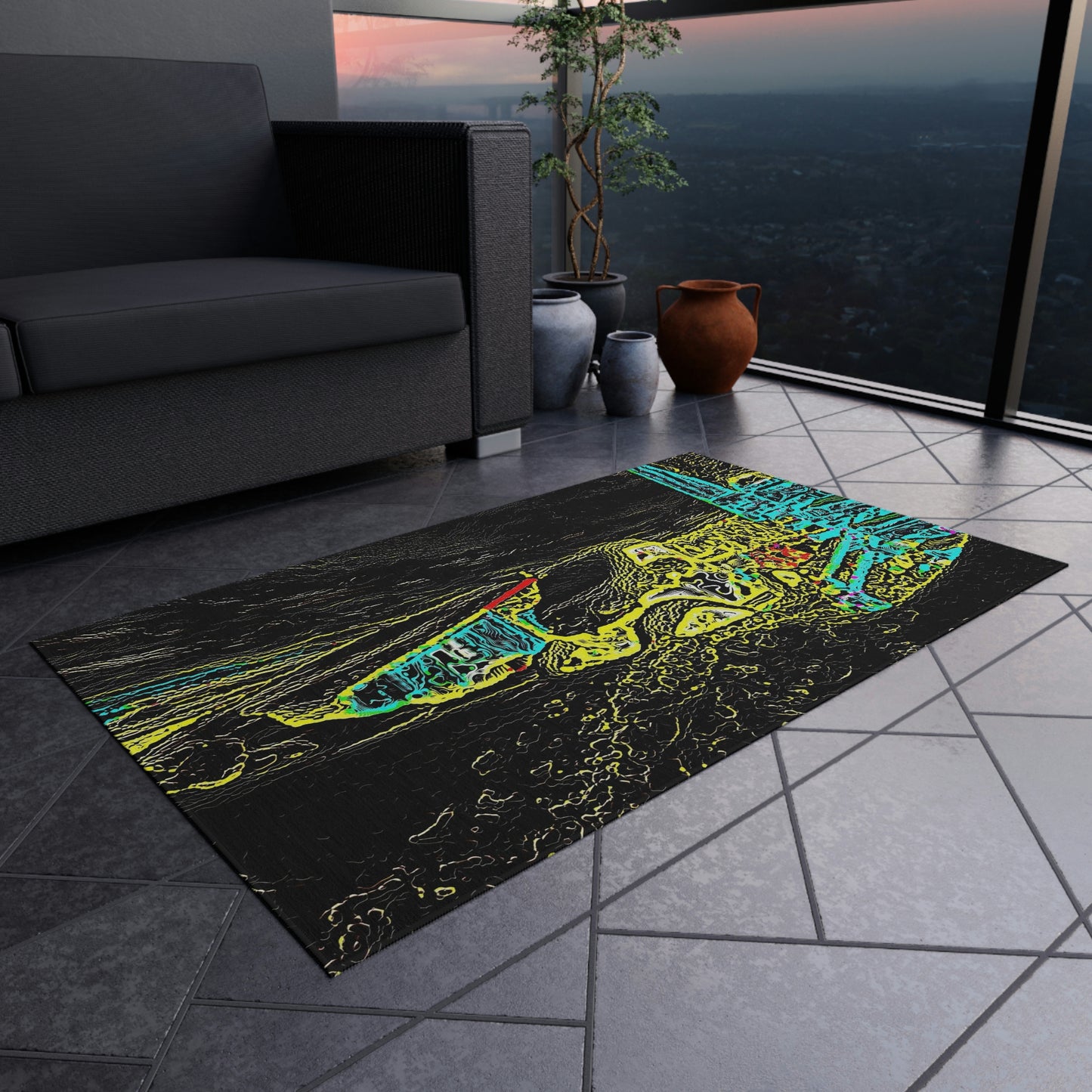 Outdoor Rug ... "Snow Vehicle In Snow Storm At-Rest" ... Circa 12Mar23 ... Central Idaho ... 18-Hours Rendering Time: Original Works ...