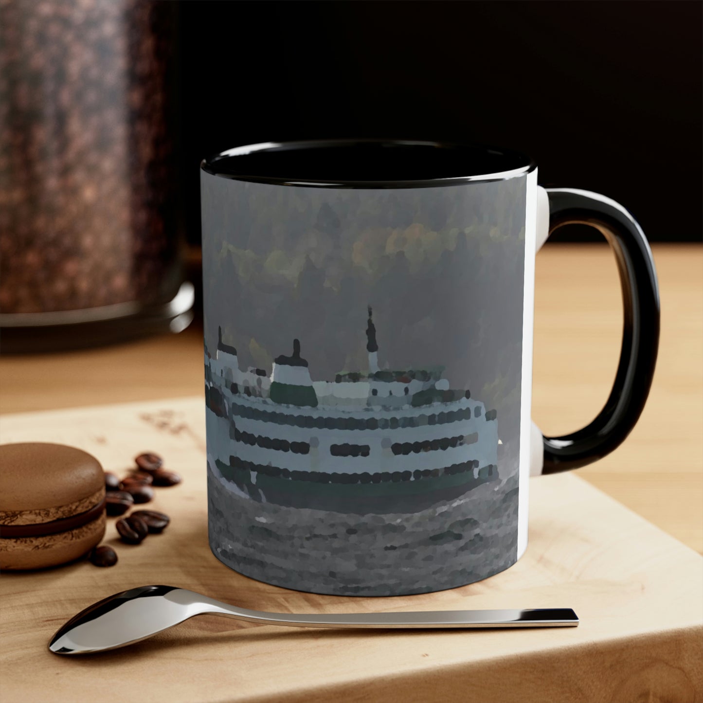 Accent Coffee Mug, 11oz ... WADOT Ferry Crossing ... "A Very Rough Day" ... Mulkiteo Route ... Family Archives ... Early 1990's' ... Original Works ...