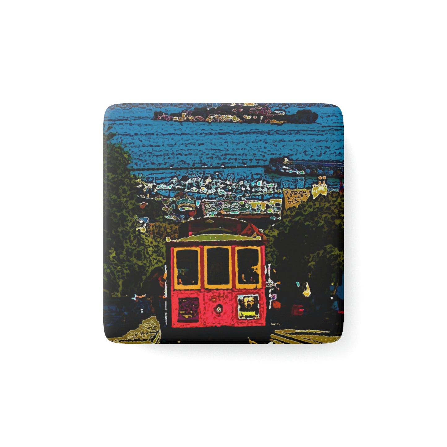 Porcelain Magnet, Square ... San Francisco ... 'A Rice-A-Roni-A-San Francisco Treat' ... "A Cable Car Classic" ... Family Archives: 1973 ... Original Works ...