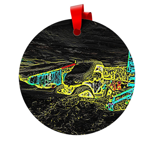 Plywood Ornaments (Round, Berlin) ... "Snow Vehicle In Snow Storm At-Rest" ... Circa 12Mar23 ... Central Idaho ... 18-Hours Rendering Time: Original Works ...