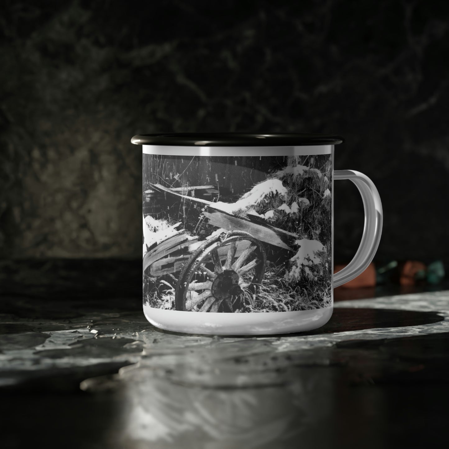 Enamel Camp Cup ... How Things Were Done 'A Long Time Ago' ... Wheel-Wagon & Snow