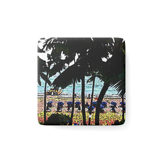 Porcelain Magnet, Square ... "A Beautiful Beach Amongst The Palms" ... The Outrigger Waikiki, Honolulu, Oahu ... Original Works ...