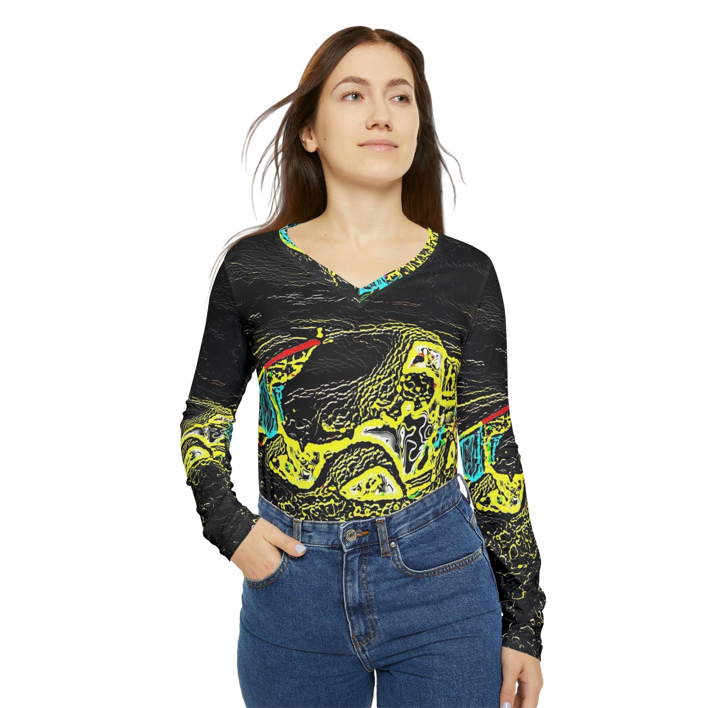 Women's Long Sleeve V-neck Shirt (AOP) ... "Snow Vehicle In Snow Storm At-Rest" ... Circa 12Mar23 ... Central Idaho ... 18-Hours Rendering Time: Original Works ...