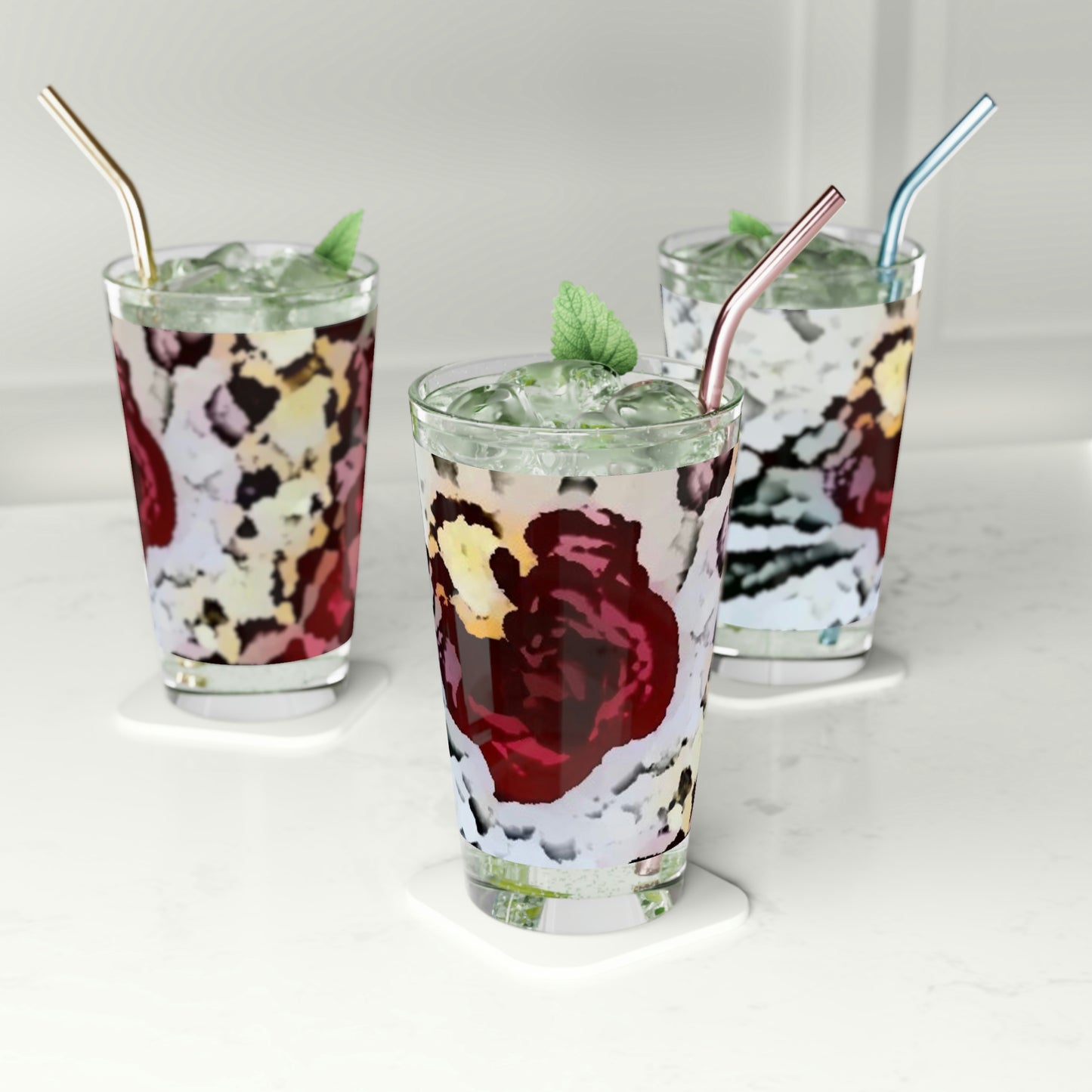 Pint Glass, 16oz ... "A Friendly Flower" ... Pointsettia 'Pointing' ... Original Works ... (Supplied Photograph) ...
