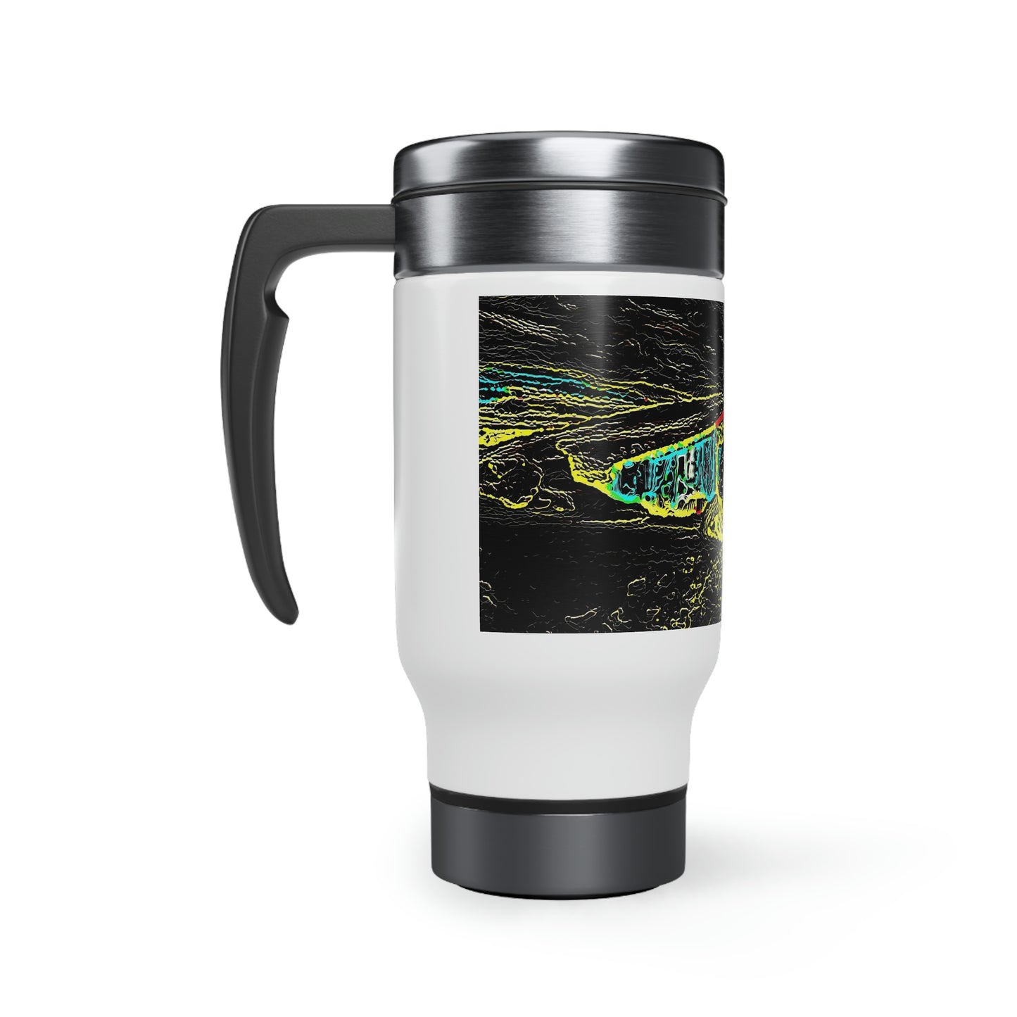 Stainless Steel Travel Mug with Handle, 14oz ... "Snow Vehicle In Snow Storm At-Rest" ... Circa 12Mar23 ... Central Idaho ... 18-Hours Rendering Time: Original Works ...