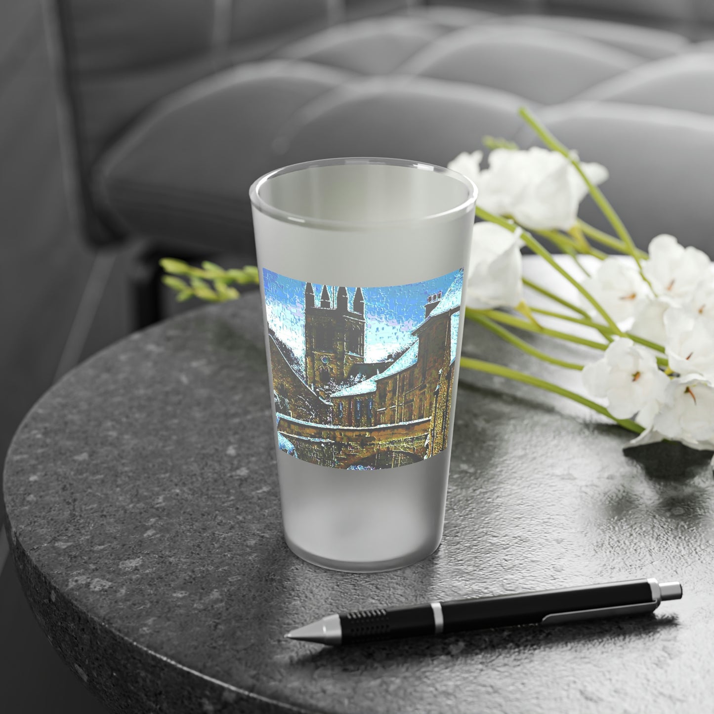 Frosted Pint Glass, 16oz ...  Walikng The Streets & Alleys ... 'Strolling The Canals ... '  ... Original Works  ...