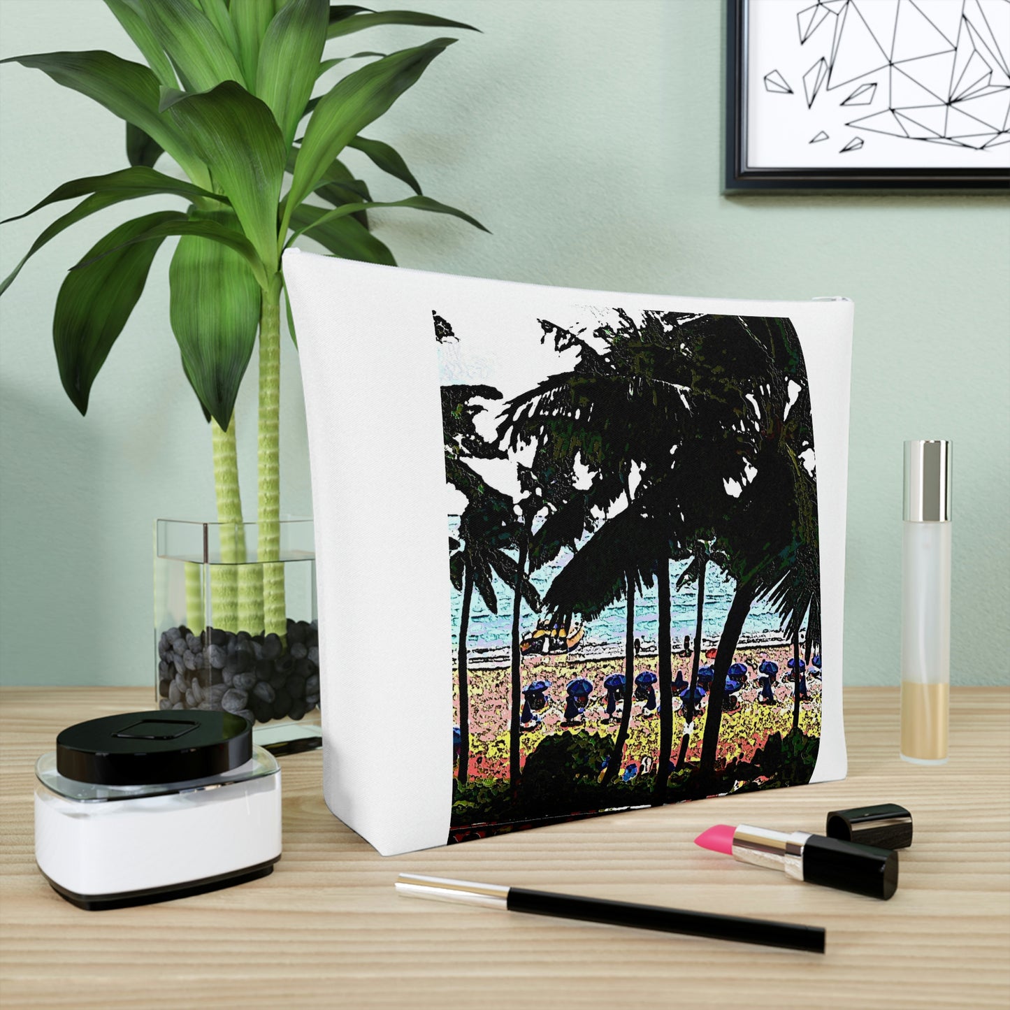 Cotton Cosmetic Bag ... "A Beautiful Beach Amongst The Palms" ... The Outrigger Waikiki, Honolulu, Oahu ... Original Works ...