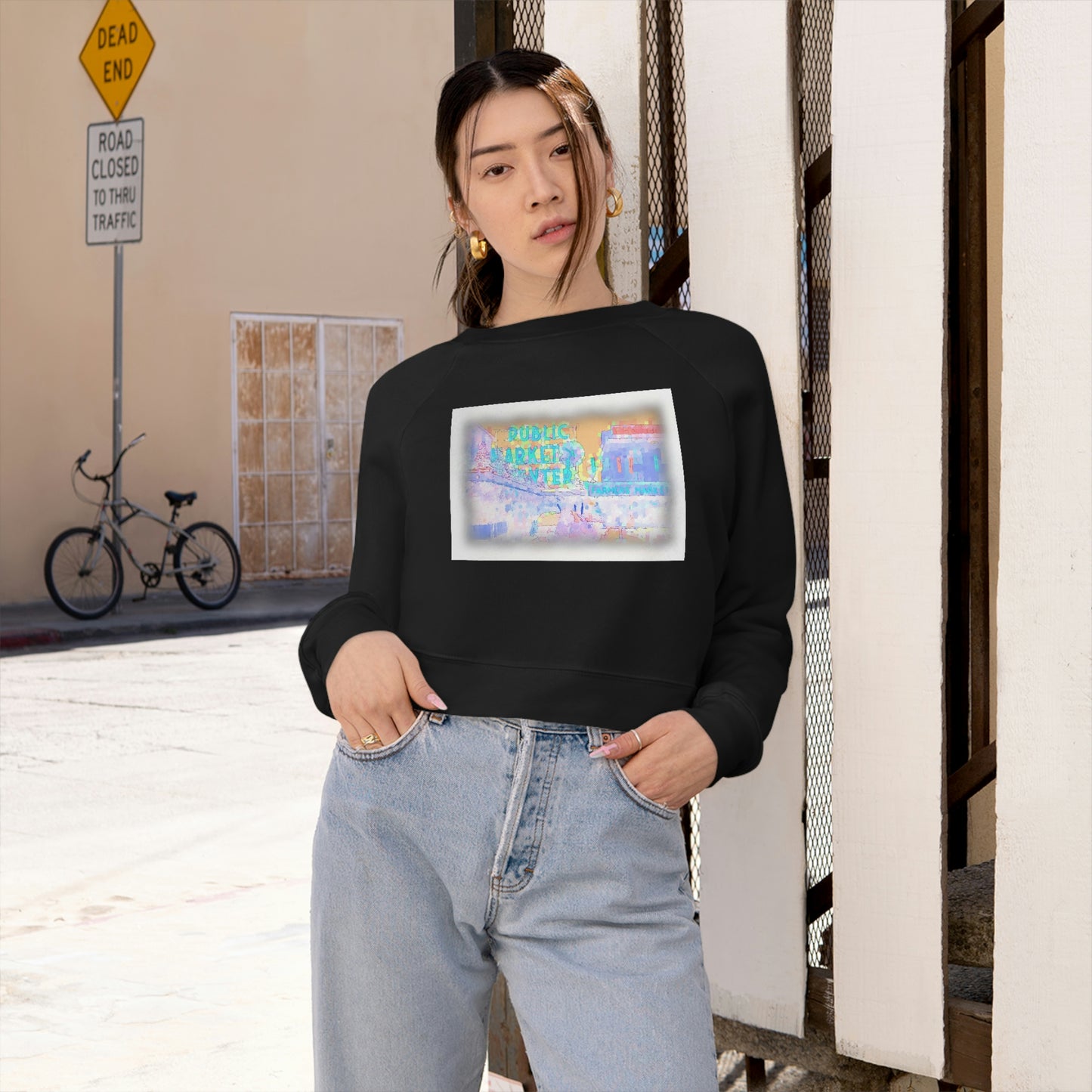 Women's Cropped Fleece Pullover ... PPM: Pike Place Market ... "Enjoying That Wrold Famous Hot Cup Of Maket Spice Tea" ...