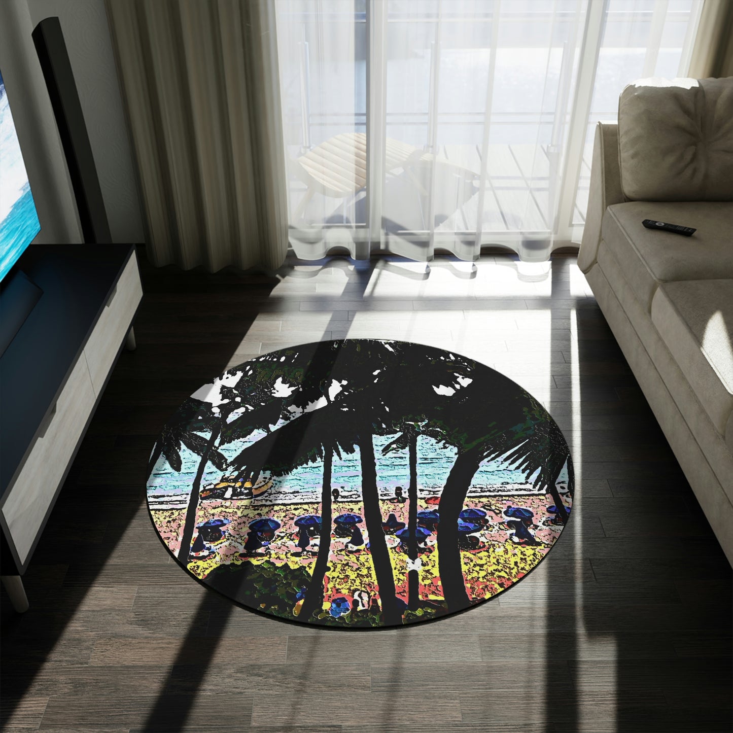 Round Rug ... "A Beautiful Beach Amongst The Palms" ... The Outrigger Waikiki, Honolulu, Oahu ... Original Works ...