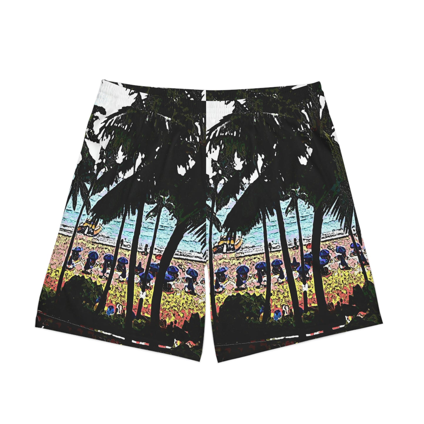 Men's Elastic Beach Shorts (AOP) ...  "A Beautiful Beach Amongst The Palms" ... The Outrigger Waikiki, Honolulu, Oahu ... Original Works ...