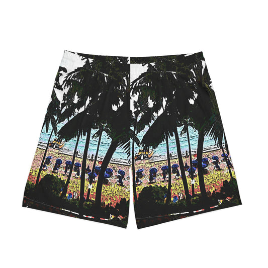 Men's Elastic Beach Shorts (AOP) ...  "A Beautiful Beach Amongst The Palms" ... The Outrigger Waikiki, Honolulu, Oahu ... Original Works ...