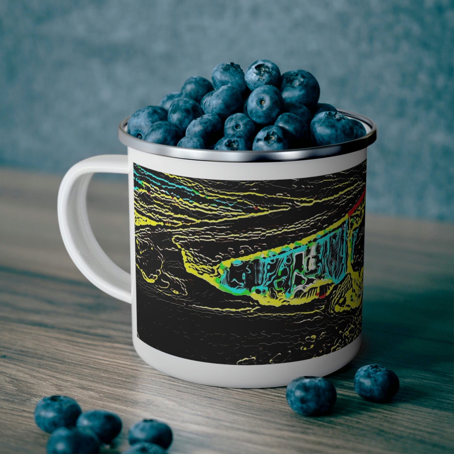 Enamel Camping Mug ... "Snow Vehicle In Snow Storm At-Rest" ... Circa 12Mar23 ... Central Idaho ... 18-Hours Rendering Time: Original Works ...