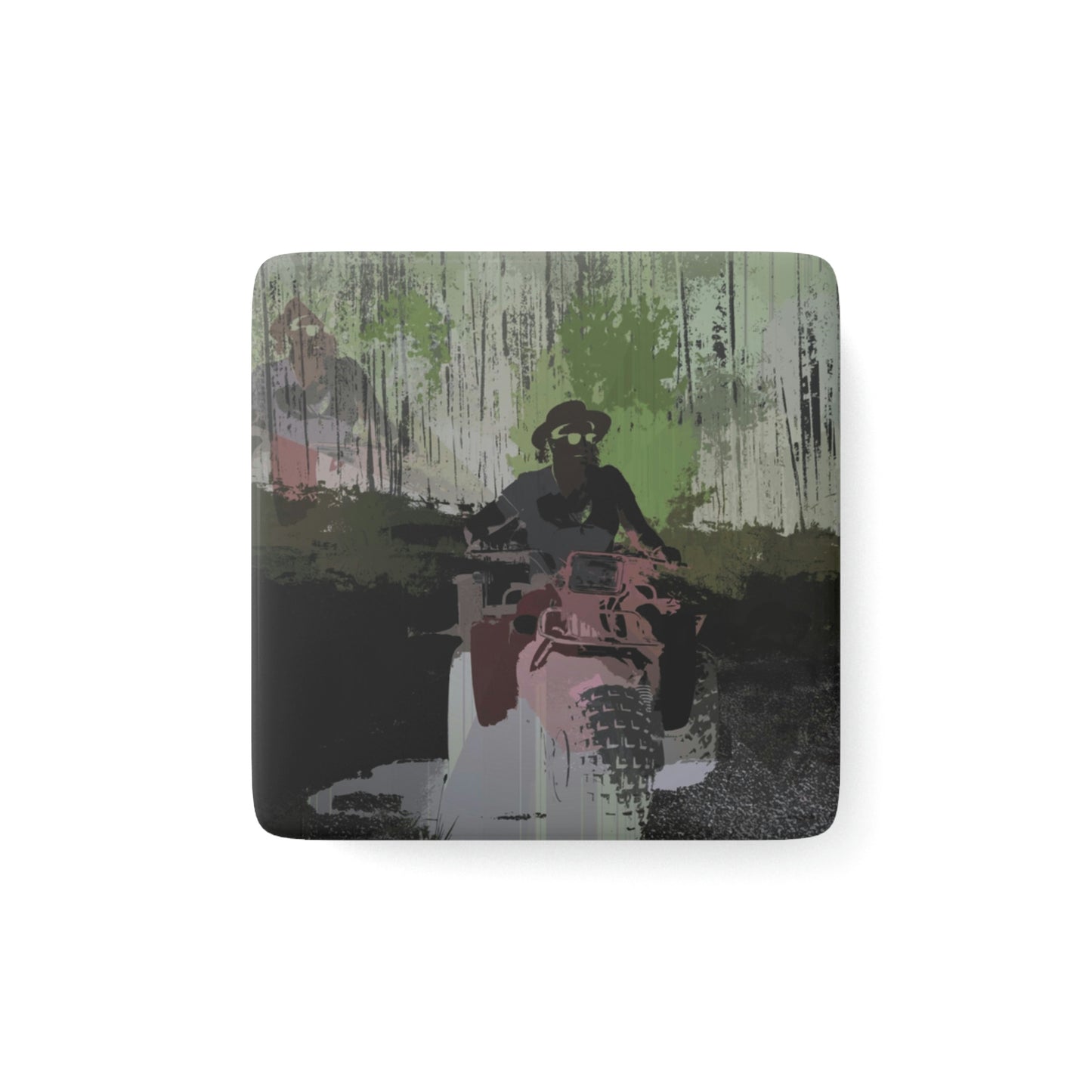 Porcelain Magnet, Square ... 3-Wheeln' N' Groovin The Mountain Roads ... Central Idaho ... Original Works ...