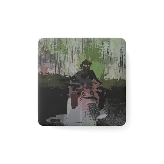 Porcelain Magnet, Square ... 3-Wheeln' N' Groovin The Mountain Roads ... Central Idaho ... Original Works ...