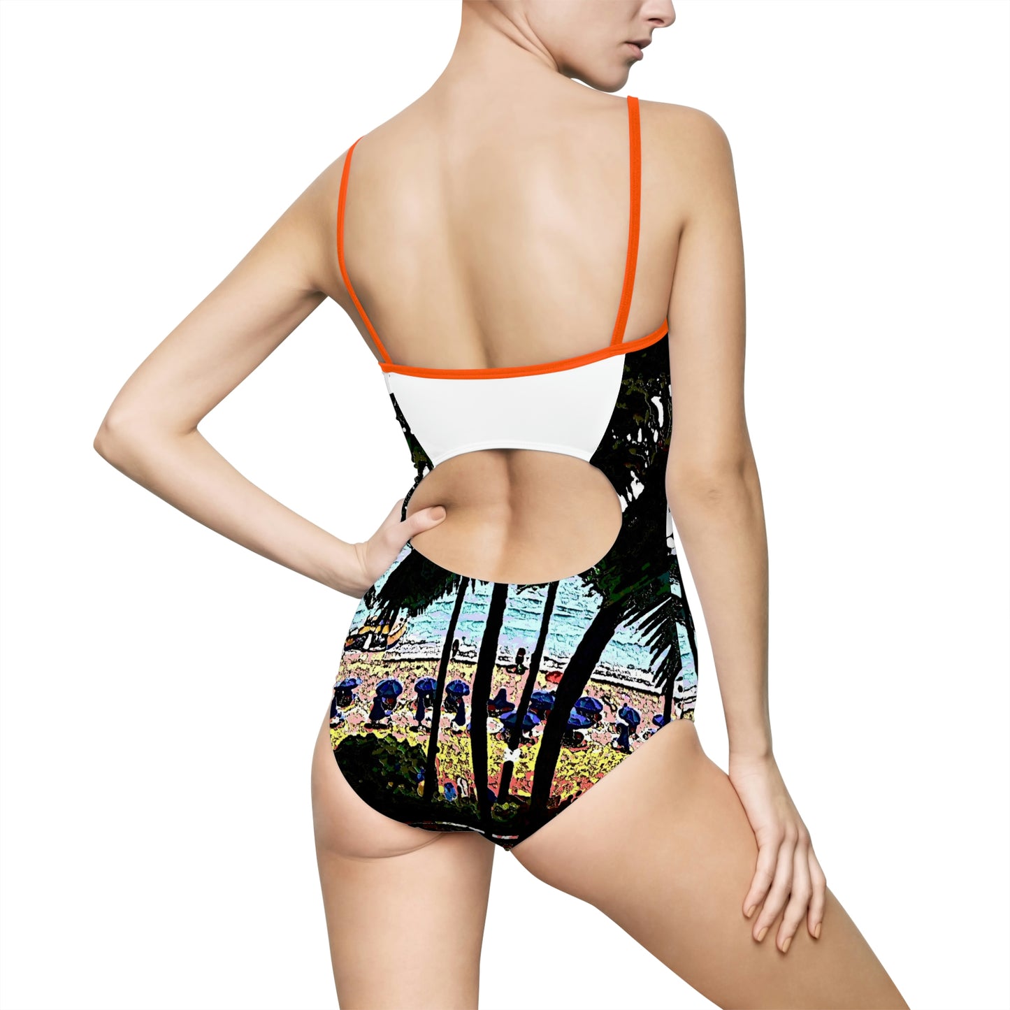 Women's One-piece Swimsuit ...  "A Beautiful Beach Amongst The Palms" ... The Outrigger Waikiki, Honolulu, Oahu ... Original Works ...
