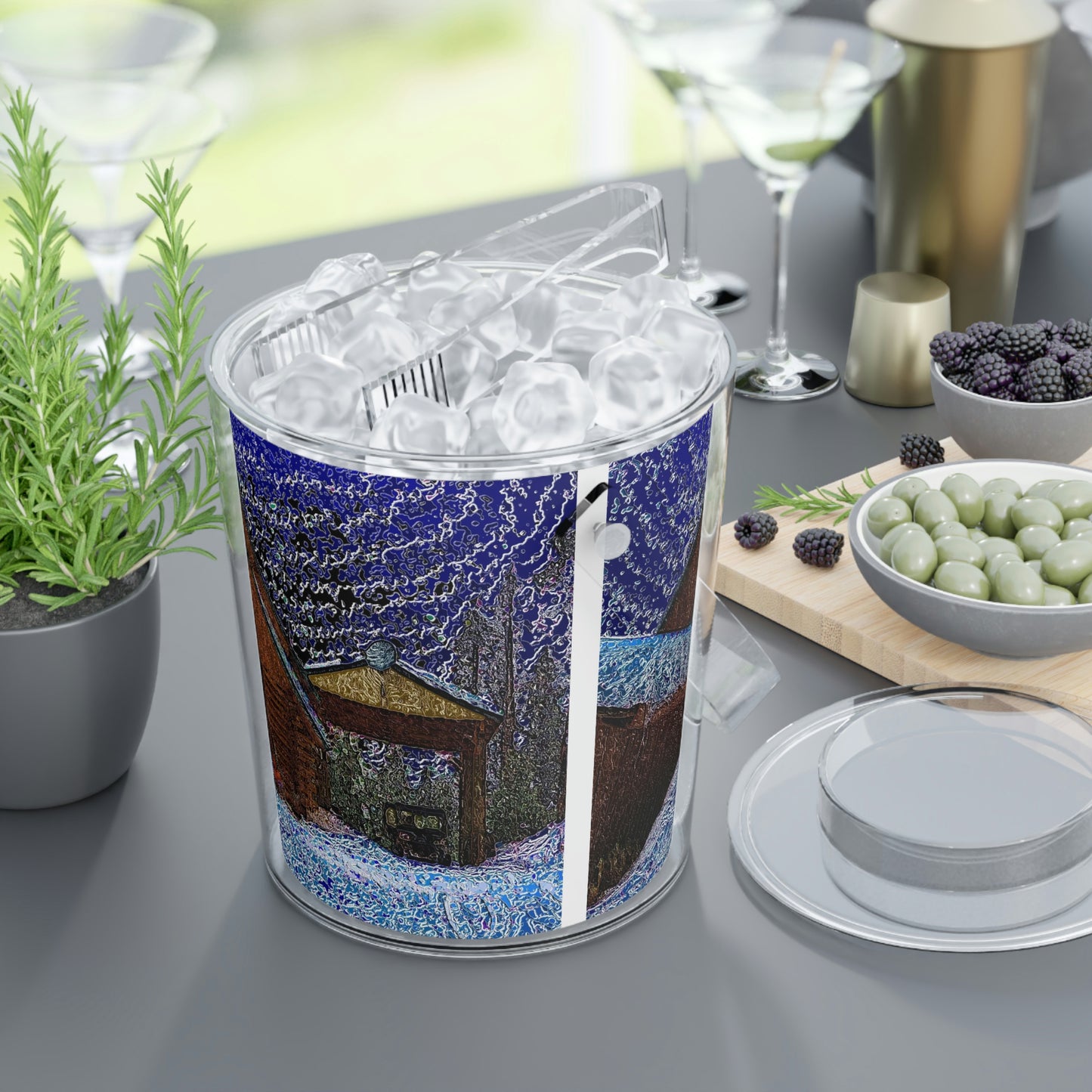 Ice Bucket with Tongs ... An Obvious Helper ... 'A Wonderful Winter-Scene' ... "To Keep Your Ice Chilled ..."